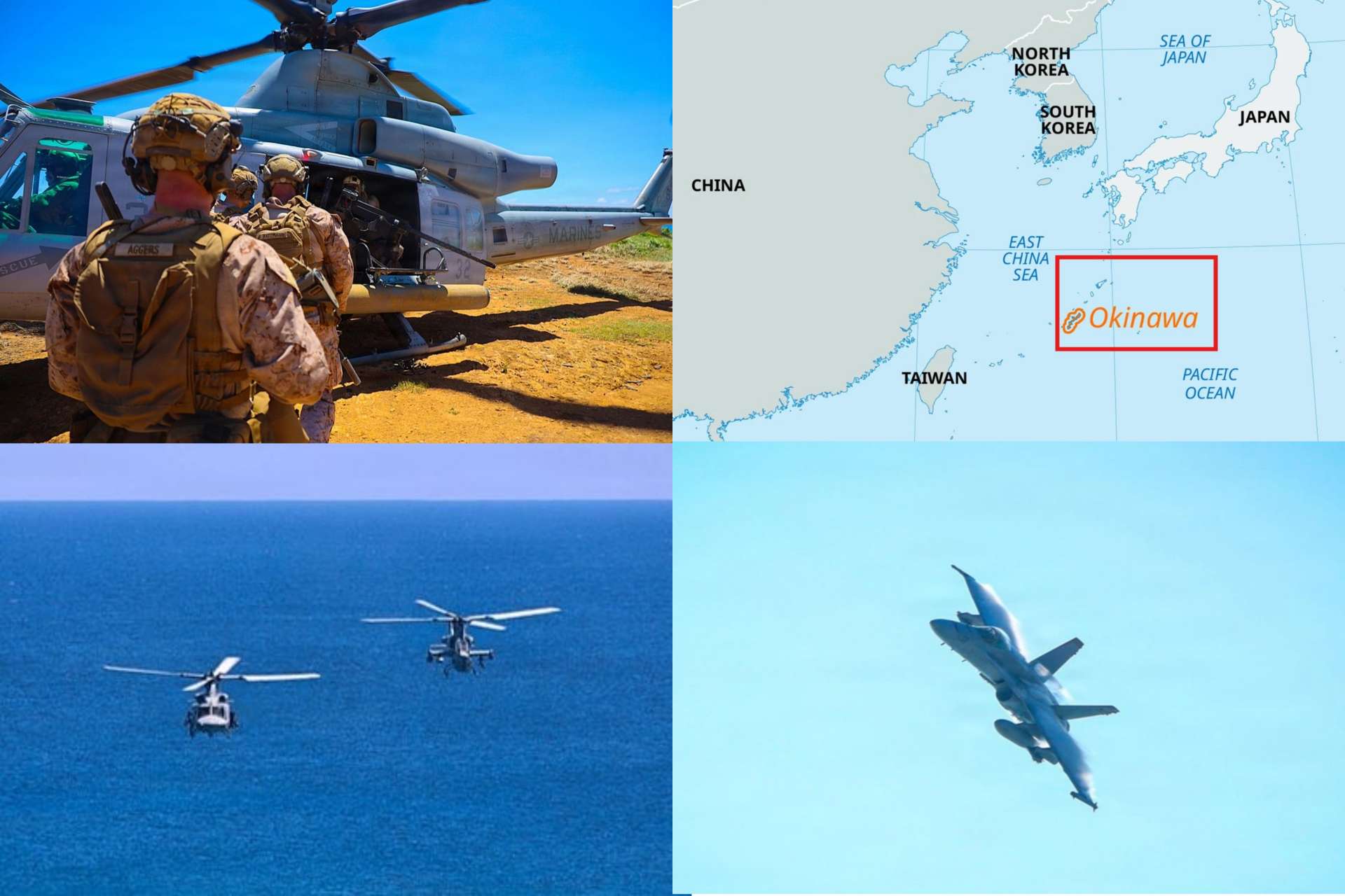 U.S. Marines in Okinawa integrated UH-1Y, AH-1Z and F/A-18 aircraft with ground controllers during close air support training focused on distributed operations across the First Island Chain (Picture Source: U.S. Marines / Britannica)