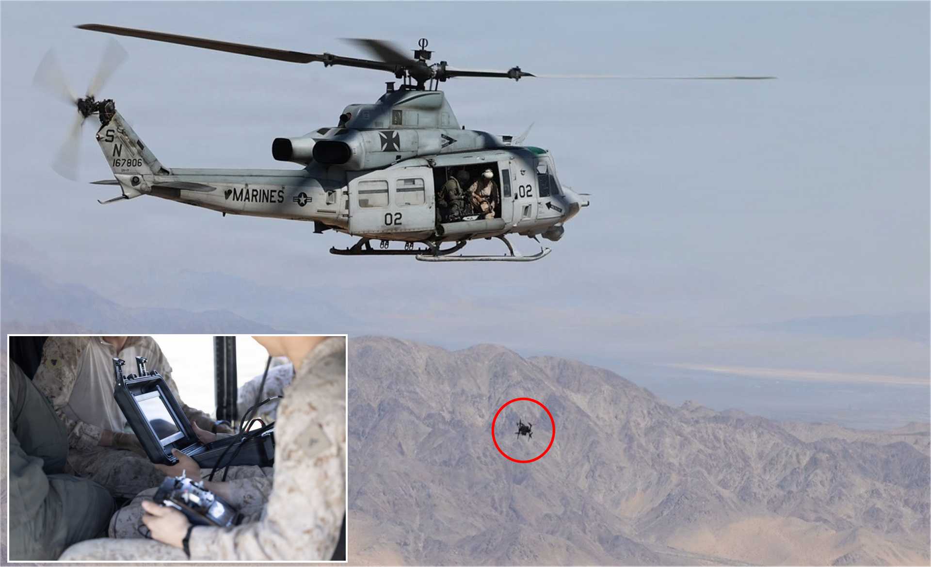 U.S. Marines aboard a UH-1Y Venom from HMLA-169 deploy a first-person view (FPV) unmanned aerial system during an airborne integration exercise at the Marine Corps Air Ground Combat Center, Twentynine Palms, California.
