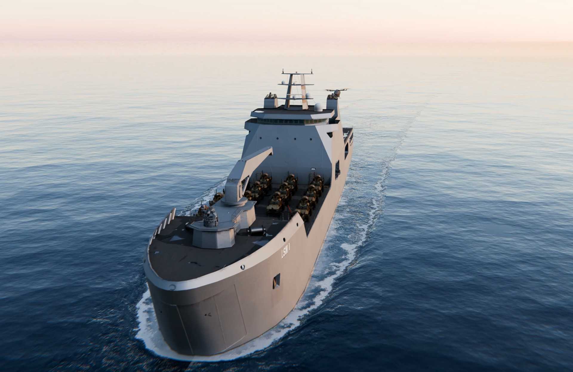 Artist's rendering of the U.S. Navy's future Medium Landing Ship (LSM), a new class of amphibious vessel designed to provide the U.S. Marine Corps with distributed littoral mobility and expeditionary logistics support under the Force Design 2030 modernization strategy. (Picture source: U.S. Navy)