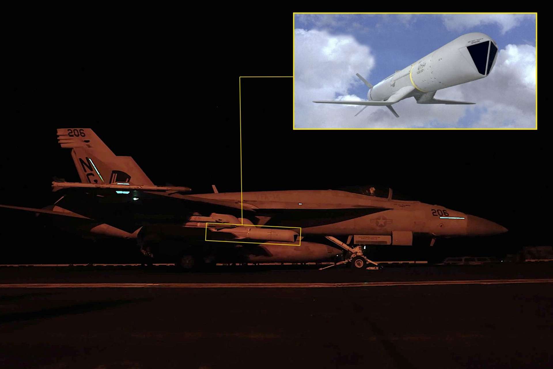 A U.S. Navy F/A-18E Super Hornet seen carrying a possible AGM-84K SLAM-ER aboard USS Abraham Lincoln signals a long-range standoff-strike posture against Iranian coastal défenses (Picture Source: U.S. Navy)