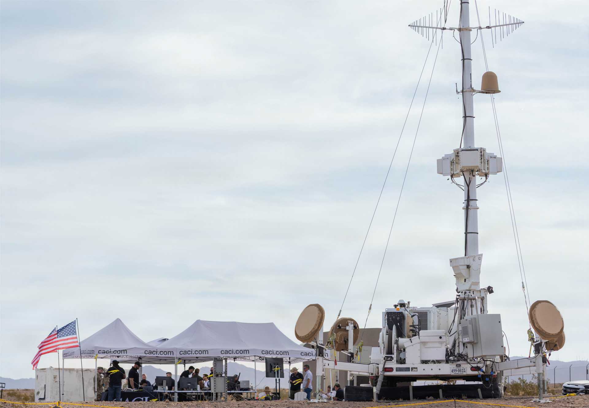 U.S. service members and CACI personnel operate the SkyValor counter-unmanned aircraft system (C-UAS) from a tactical operations center during the SkyValor Operational Demonstration at Cannon Air Defense Complex in Yuma, Arizona, on May 13, 2026.
