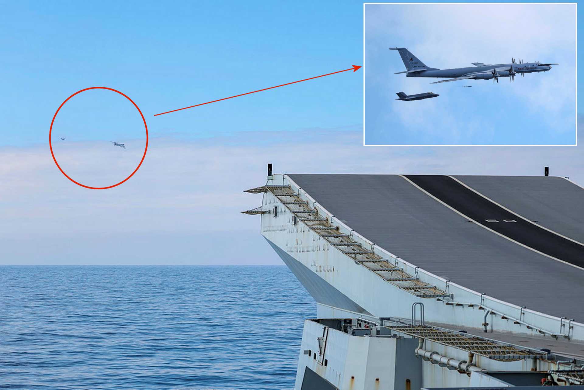 British Royal Navy F-35B Lightning II fighter jet launched from the aircraft carrier HMS Prince of Wales intercept a Russian Tu-142 Bear-F maritime patrol aircraft after it approached the UK Carrier Strike Group during Operation FIRECREST in the Norwegian Sea. (Picture source: UK Ministry of Defence)
