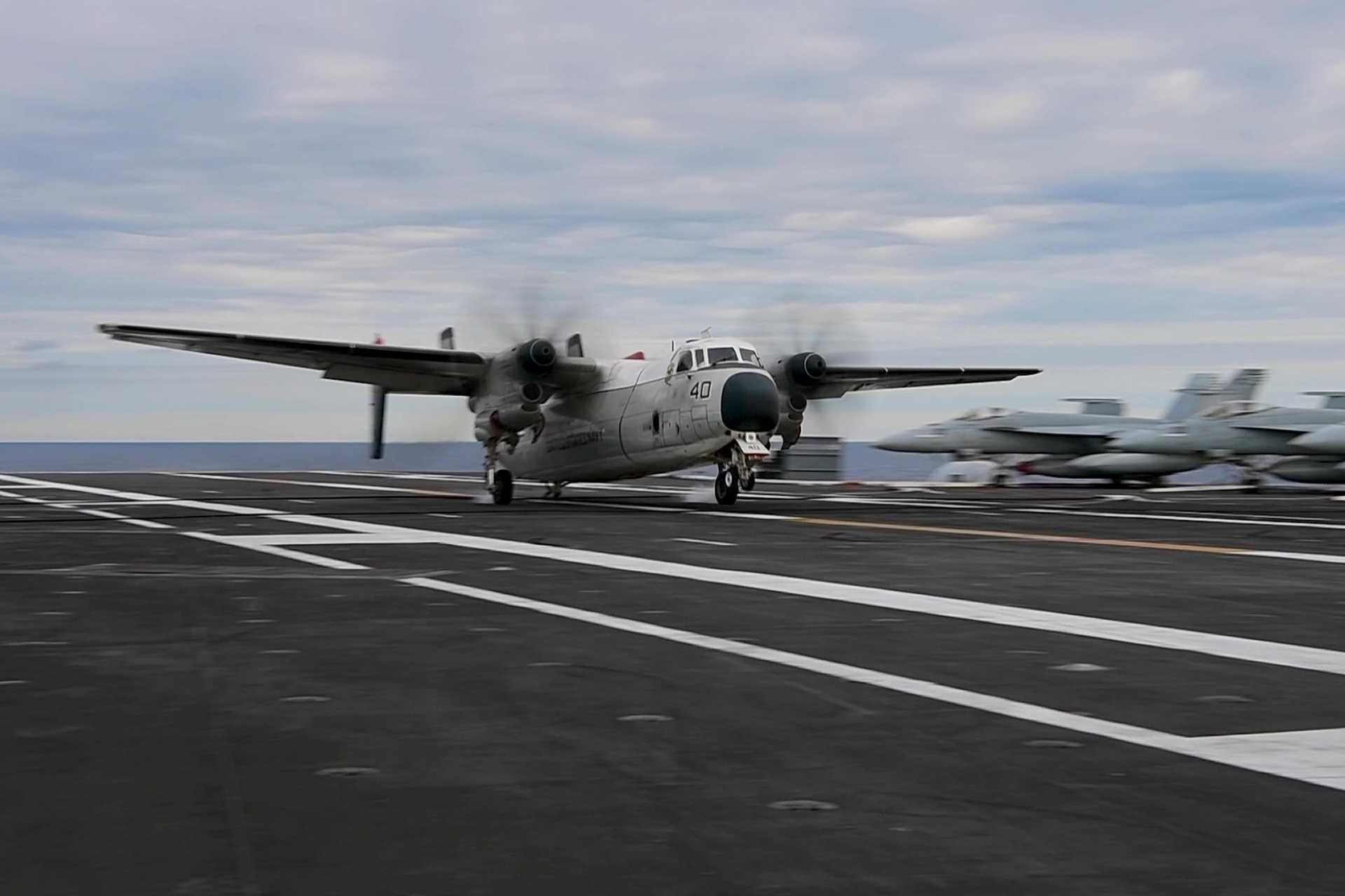 During the FLEETEX 250 exercise in the Atlantic Ocean, two C-2A Greyhounds assigned to Fleet Logistics Support Squadron (VRC)-40 "Rawhides" performed the aircraft's last arrested landing and final catapult launch from an aircraft carrier. (Picture source: US Navy)