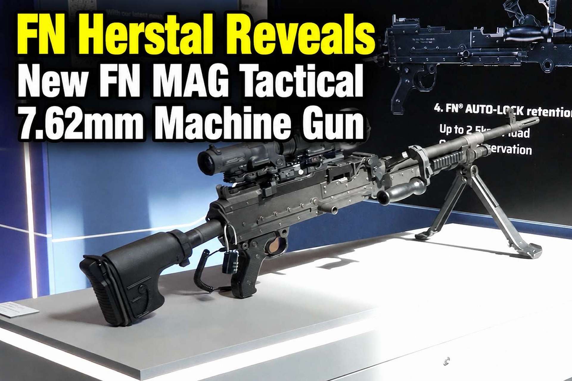 FN Herstal’s FN MAG Tactical with Long Rail, displayed at Eurosatory 2026, adds an extended optical interface, improved feed-cover handling, and an adjustable tactical stock to the 7.62×51 mm machine gun, enabling better integration of day, night, and thermal sights while preserving its sustained-fire role (Picture source: Army Recognition Group).