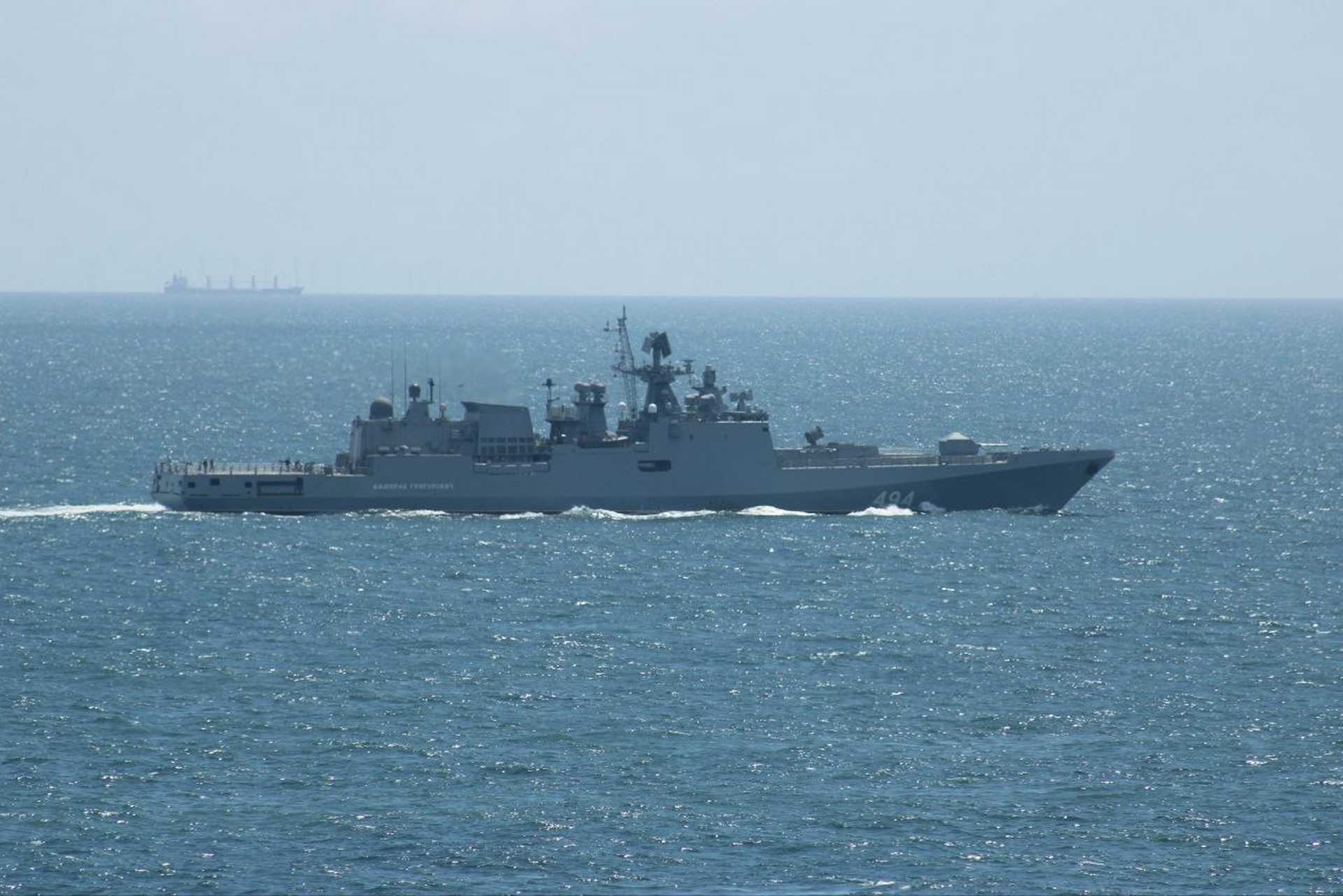 On June 16, 2026, the Russian Navy frigate Admiral Grigorovich fired 4 to 5 rounds of warning small-arms fire during an encounter with the 12-meter British sailing yacht Bright Future in the English Channel. (Picture source: Telegram/Russian Navy)
