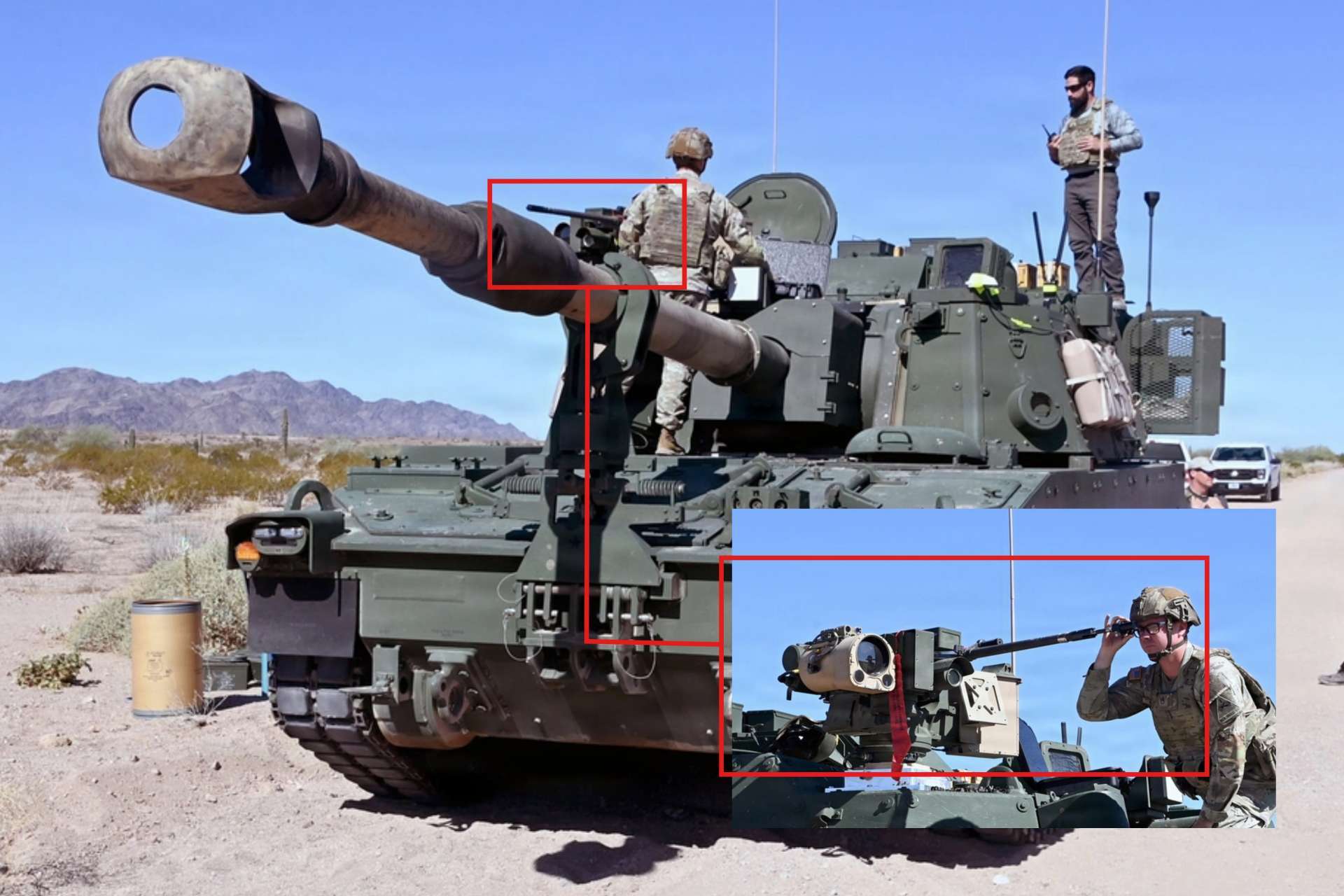 The U.S. Army is testing LP-CROWS on M109A7 Paladin howitzers to give artillery crews closed-hatch protection against drones and close-range battlefield threats (Picture Source: U.S. Army)