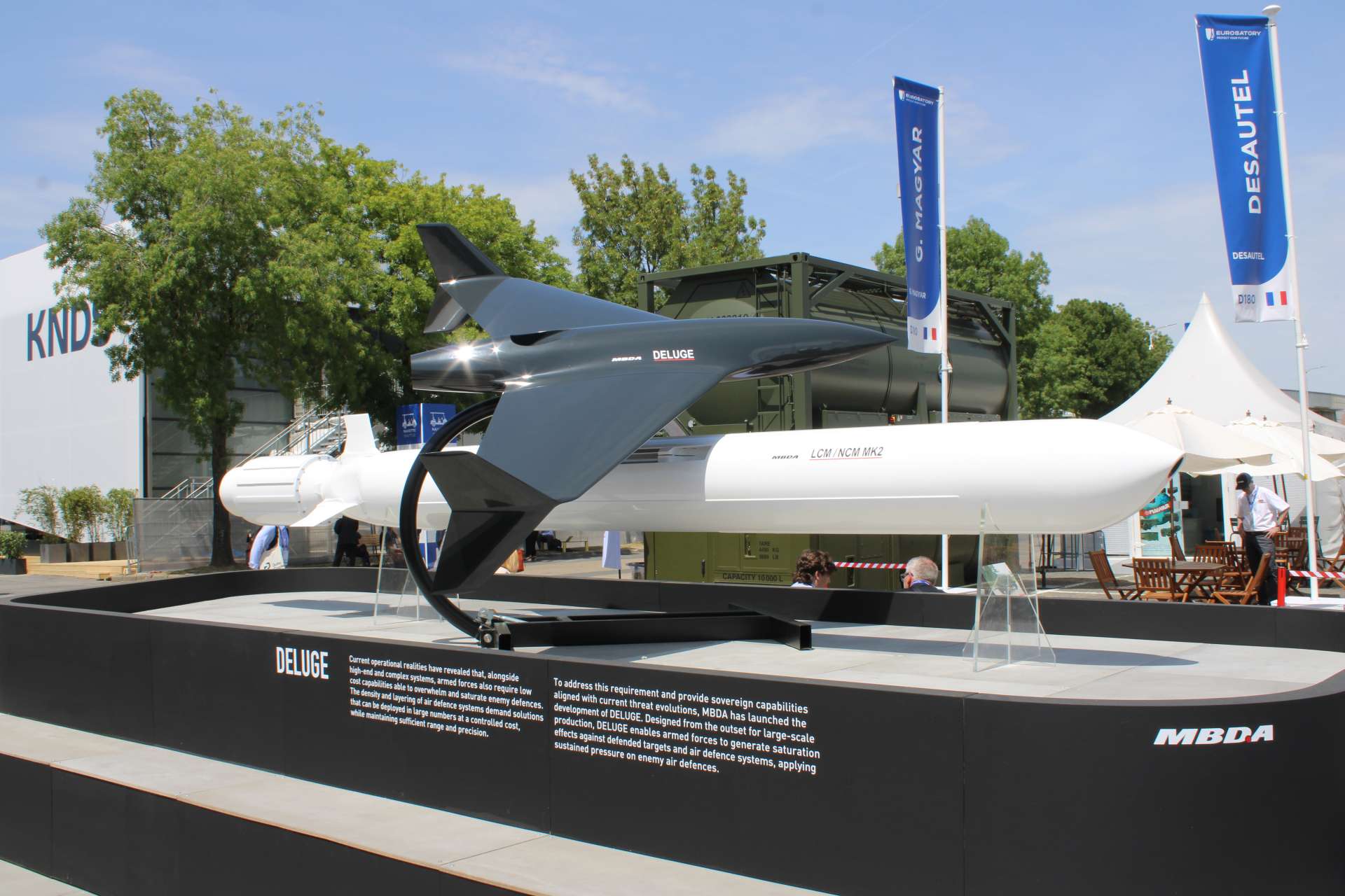 MBDA’s NCM-LCM Mk II displayed with DELUGE at Eurosatory 2026, combining precision cruise-missile strike beyond 1,000 km with lower-cost saturation effects out to 500 km (Picture source: Army Recognition Group).