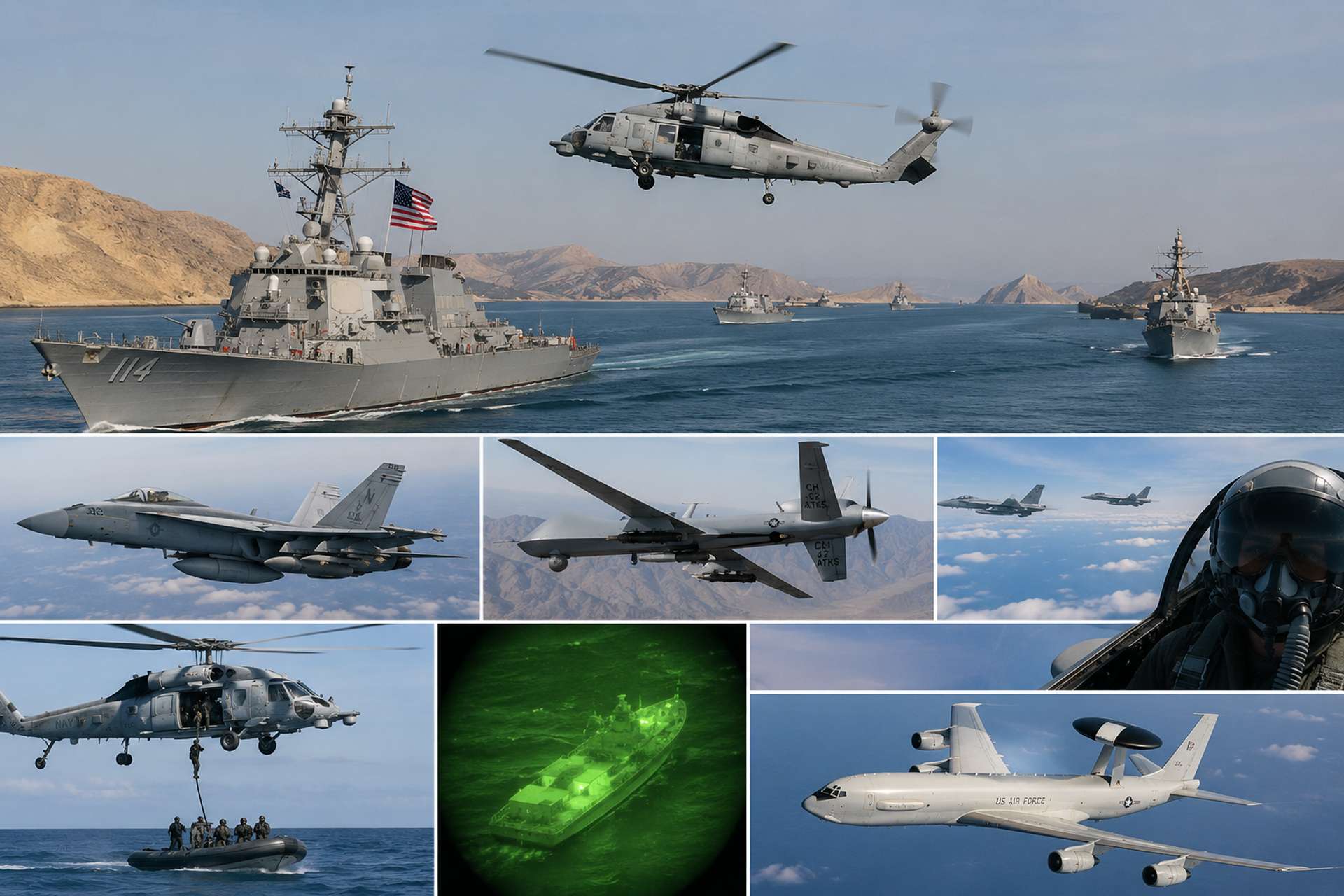U.S. destroyers, aircraft, helicopters, and drones supported Project Freedom in the Strait of Hormuz, demonstrating how Washington could protect selected commercial vessels from Iranian missile, drone, and small-boat threats (Picture source: Army Recognition Edit).