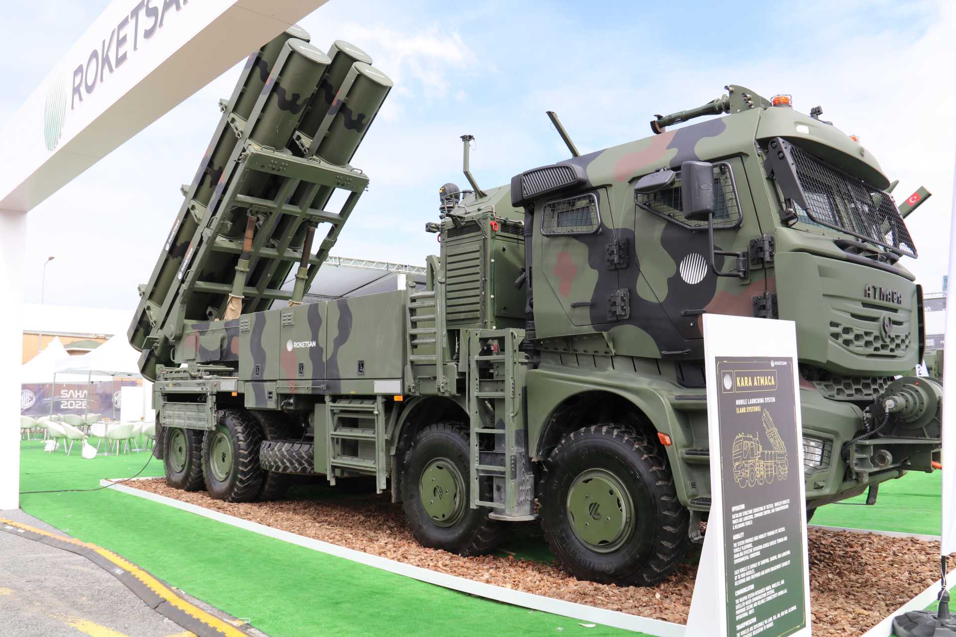 Turkish Company Roketsan displays its mobile launcher armed with the Kara Atmaca surface-to-surface cruise missile during SAHA Expo 2026, highlighting Turkey’s growing indigenous long-range precision strike capability.