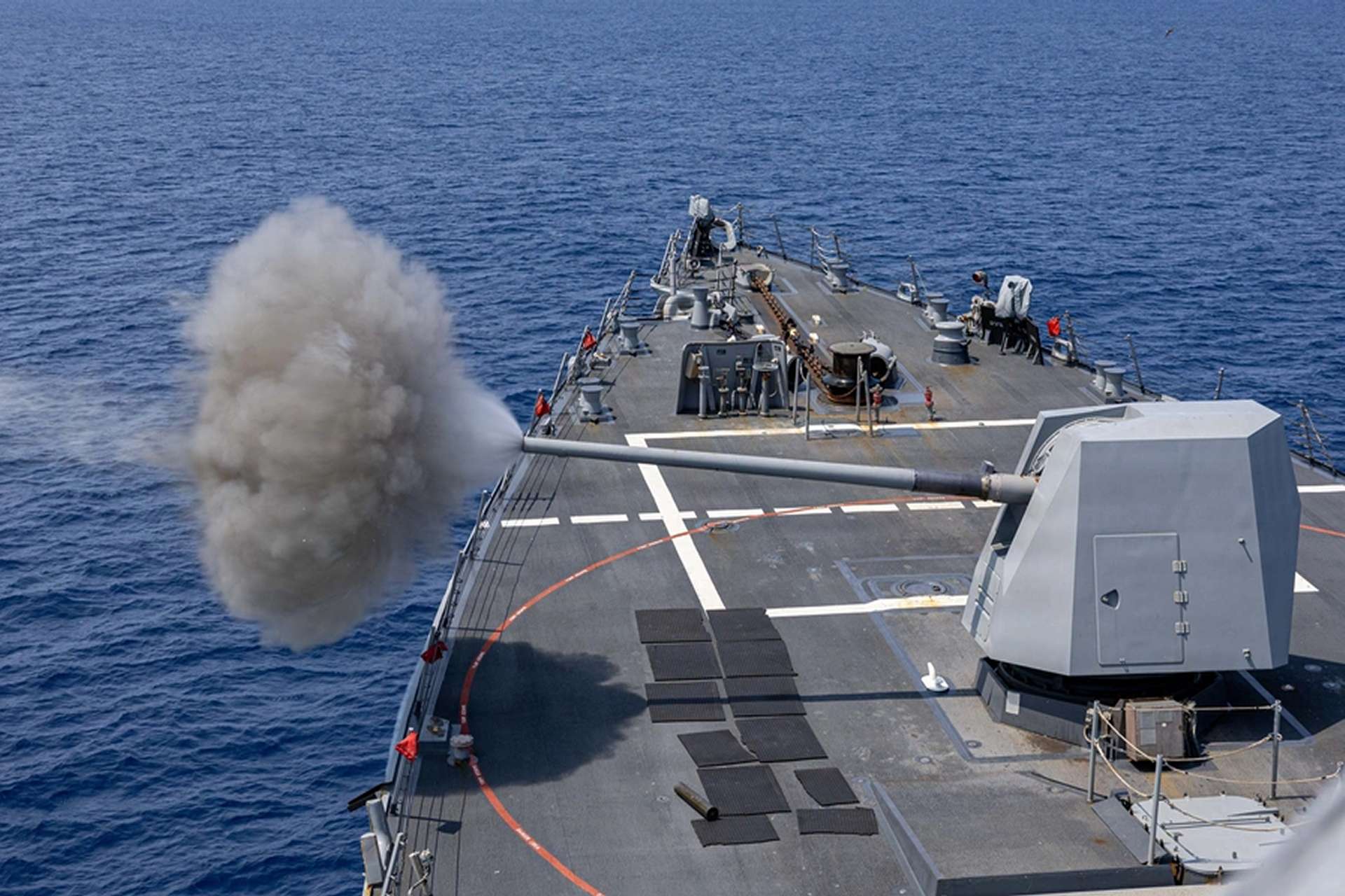 U.S. Navy USS Mustin Destroyer Fires Mk 45 Gun Proving Indo-Pacific Combat Readiness