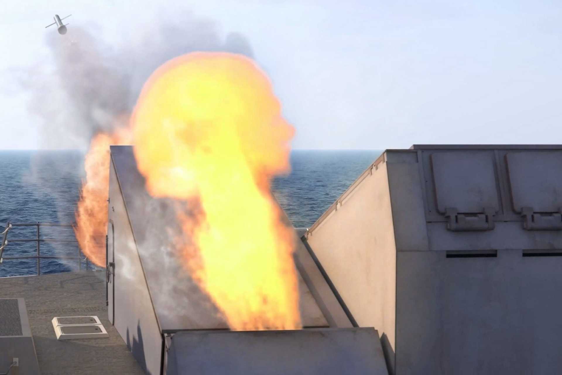 The fixed-angle Adaptable Deck Launcher (ADL) accommodates Mk 25 Quad-Pack canisters carrying four ESSM interceptors per cell across both tactical- and strike-length variants, providing supplementary missile firepower and enabling at-sea rearming without requiring deep vertical launch wells. (Picture source: BAE Systems)