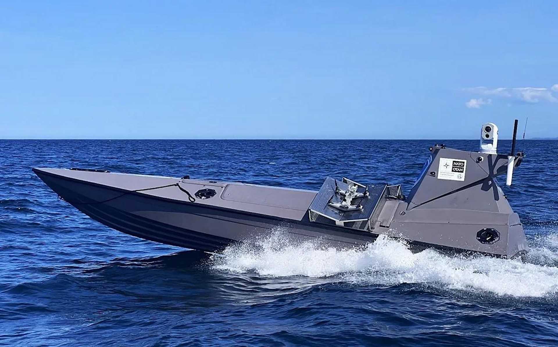 British Royal Navy Kraken K3 unmanned surface vessel launches three short-range loitering drones during the U.S.-led AUKUS Maritime Big Play Pacific demonstration at Naval Base Point Loma, San Diego, on October 20, 2026. (Picture source: U.S. Navy)