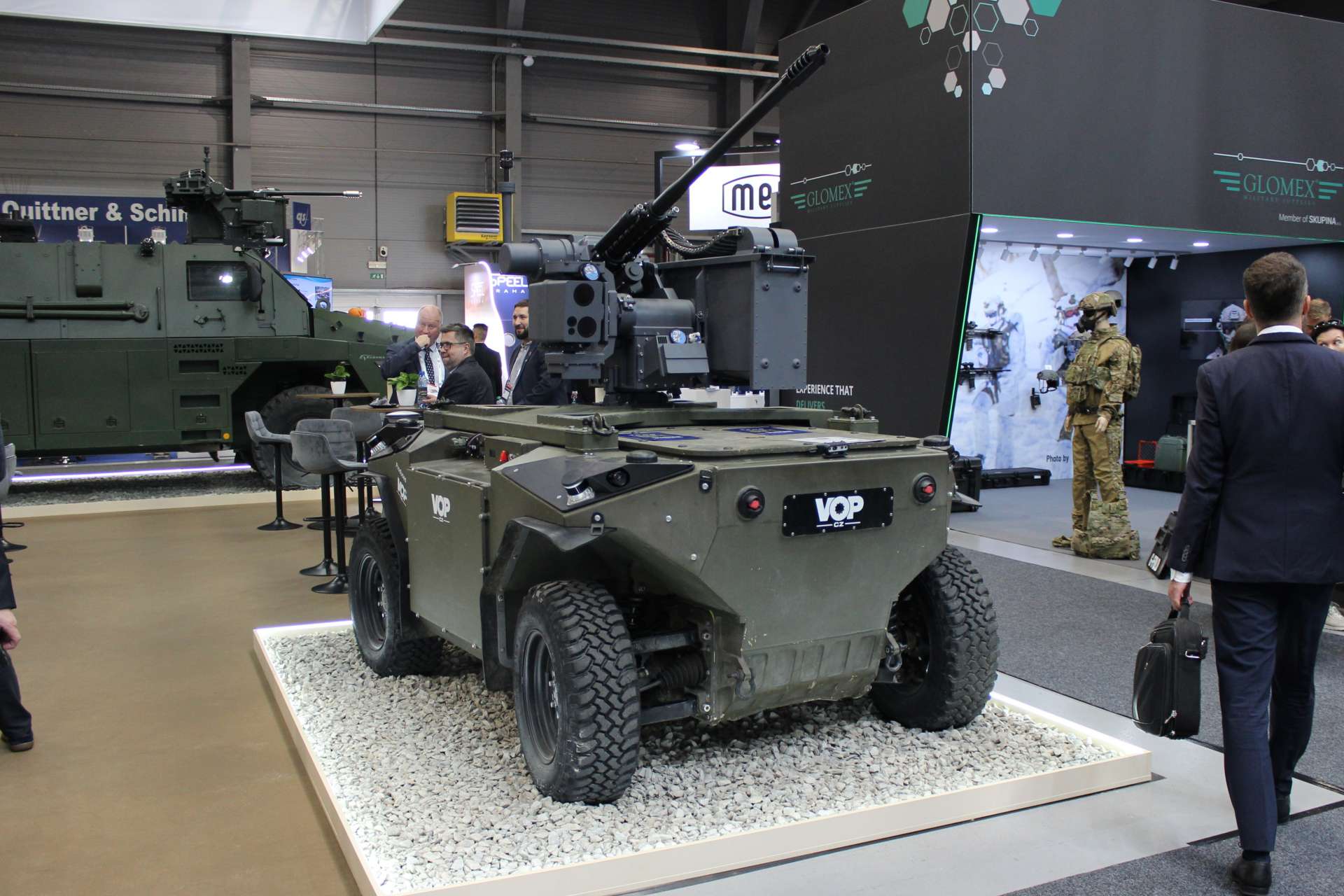VOP CZ showcased its TAROS V4 4x4 unmanned ground vehicle armed with the EOS Slinger counter-drone weapon system at Future Forces Forum 2026 in Prague, highlighting a mobile approach to defeating aerial threats while reducing soldiers' exposure to danger (Picture Source: Army Recognition Group)