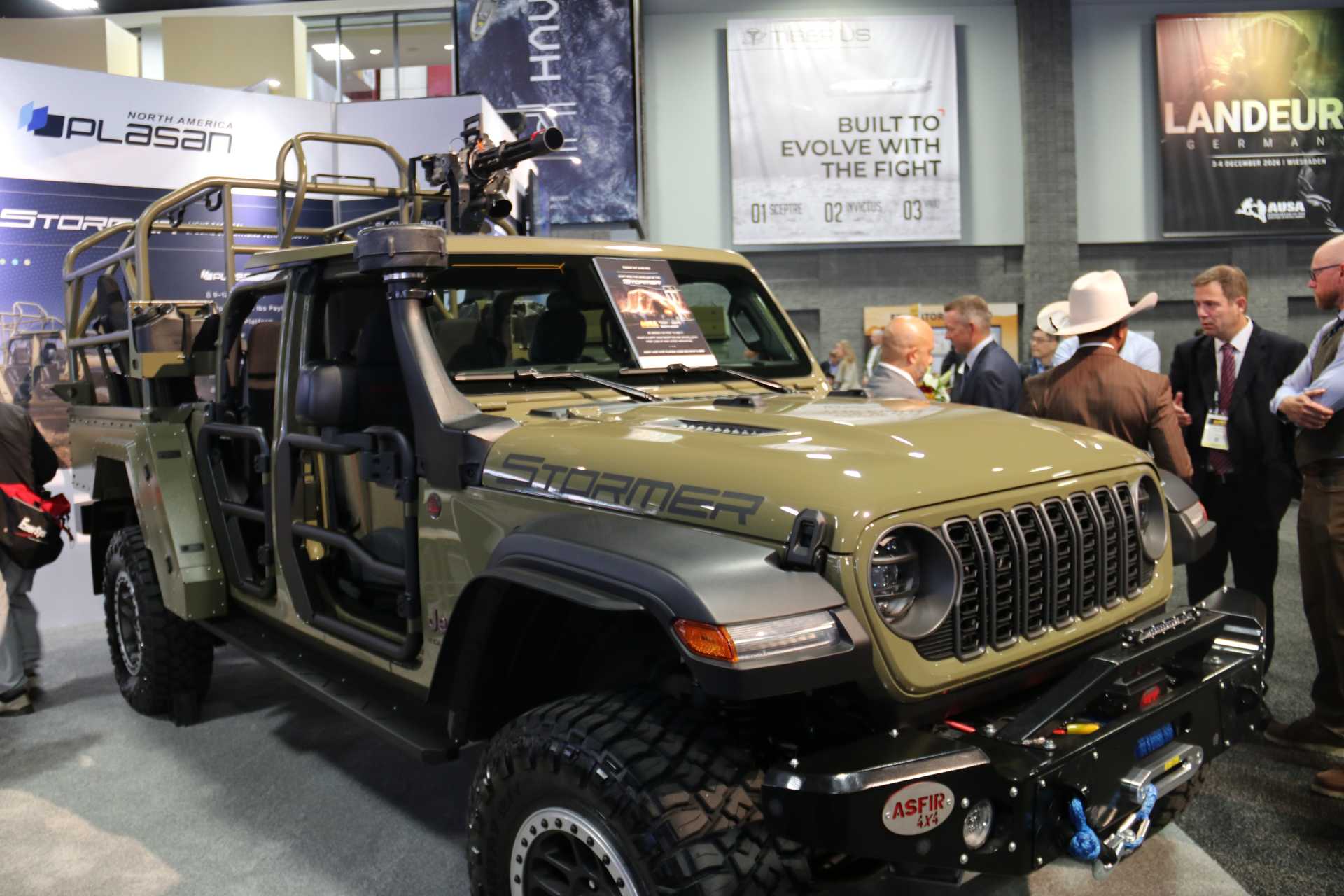 Plasan and ASFIR 4X4 unveil the new STORMER light tactical vehicle at AUSA 2026 in Washington, D.C. Based on the Jeep Gladiator 4x4, the modular military vehicle can transport up to 12 personnel and carry more than 1,000 kg of payload, supporting special operations, reconnaissance, logistics, and medical evacuation missions. (Picture source: Army Recognition Group)