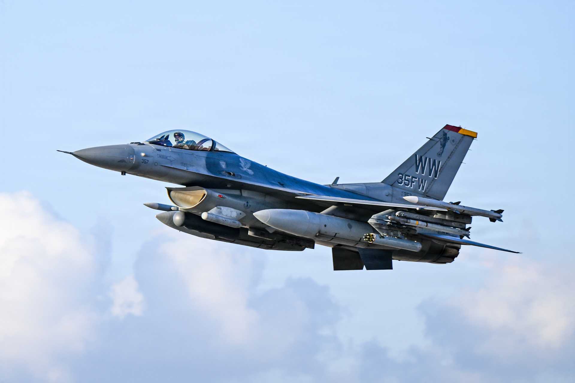 A U.S. Air Force F-16 Fighting Falcon takes off in the U.S. Central Command area of responsibility on September 18, 2026. The Air Force is seeking a new mission computer to help selected F-16 variants remain effective alongside F-35 and F-22 fighters. (Picture source: U.S. Department of War/Defense)