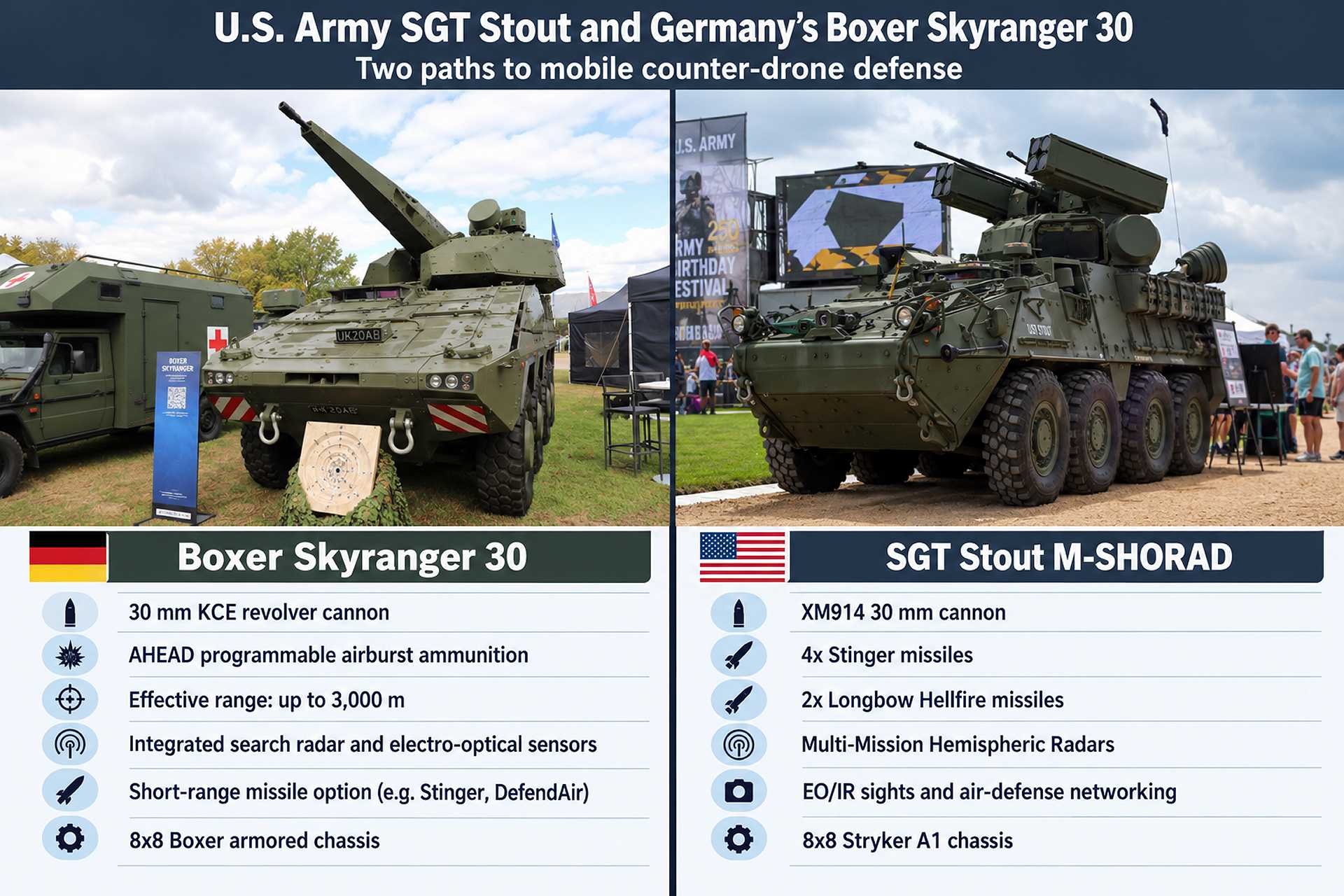 Germany’s Boxer Skyranger 30 and the U.S. Army’s SGT Stout M-SHORAD illustrate two approaches to mobile short-range air defense, combining 30 mm cannon fire, onboard sensors and short-range missiles to protect maneuver forces against drones and other low-altitude threats.