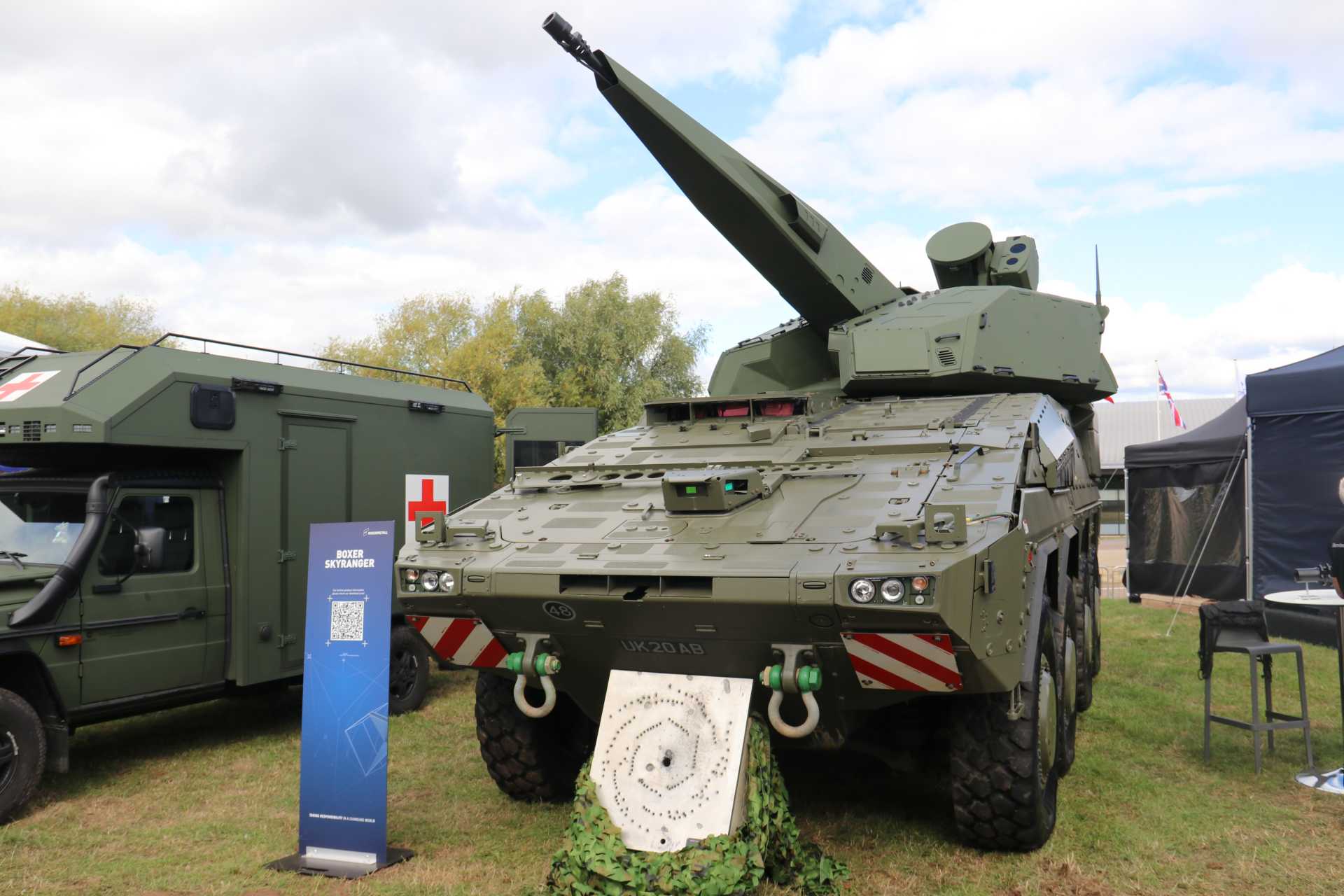 Boxer Skyranger 30: Germany’s Boxer Skyranger 30 is a mobile short-range air-defense vehicle combining a 30 mm KCE revolver cannon, programmable AHEAD airburst ammunition, integrated radar and electro-optical sensors, and short-range missiles to protect maneuver forces against drones, helicopters, and other low-altitude threats. (Picture source: Army Recognition Group)