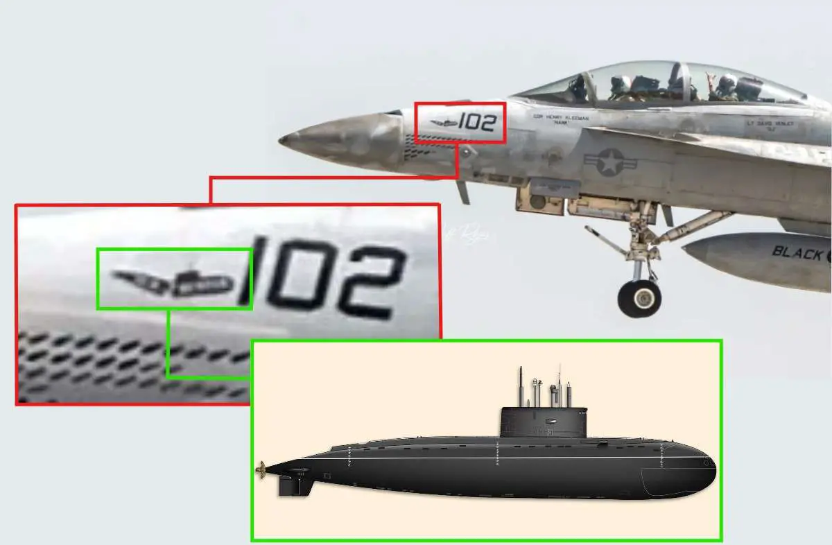 A rare “Sub Buster” marking on a VFA-41 F/A-18F Super Hornet points to possible involvement in a U.S. strike against an Iranian submarine during Operation Epic Fury (Picture Source: Jeff Rojas / USNI / Edited By Army Recognition Group)