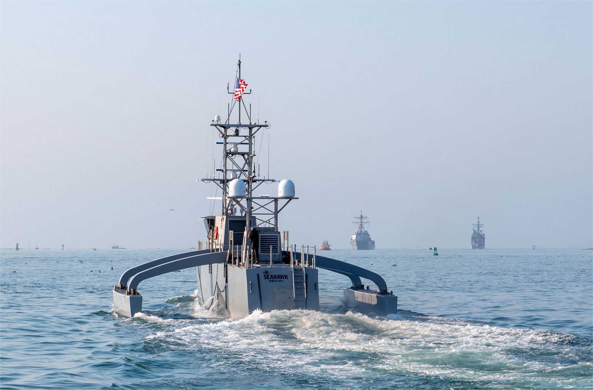 Seahawk, a U.S. Navy Medium Unmanned Surface Vessel (MUSV) prototype, departs Naval Base Point Loma, California, on Aug. 6. The vessel is now accompanying USS Theodore Roosevelt and Carrier Strike Group 9 on an operational deployment across the Pacific.