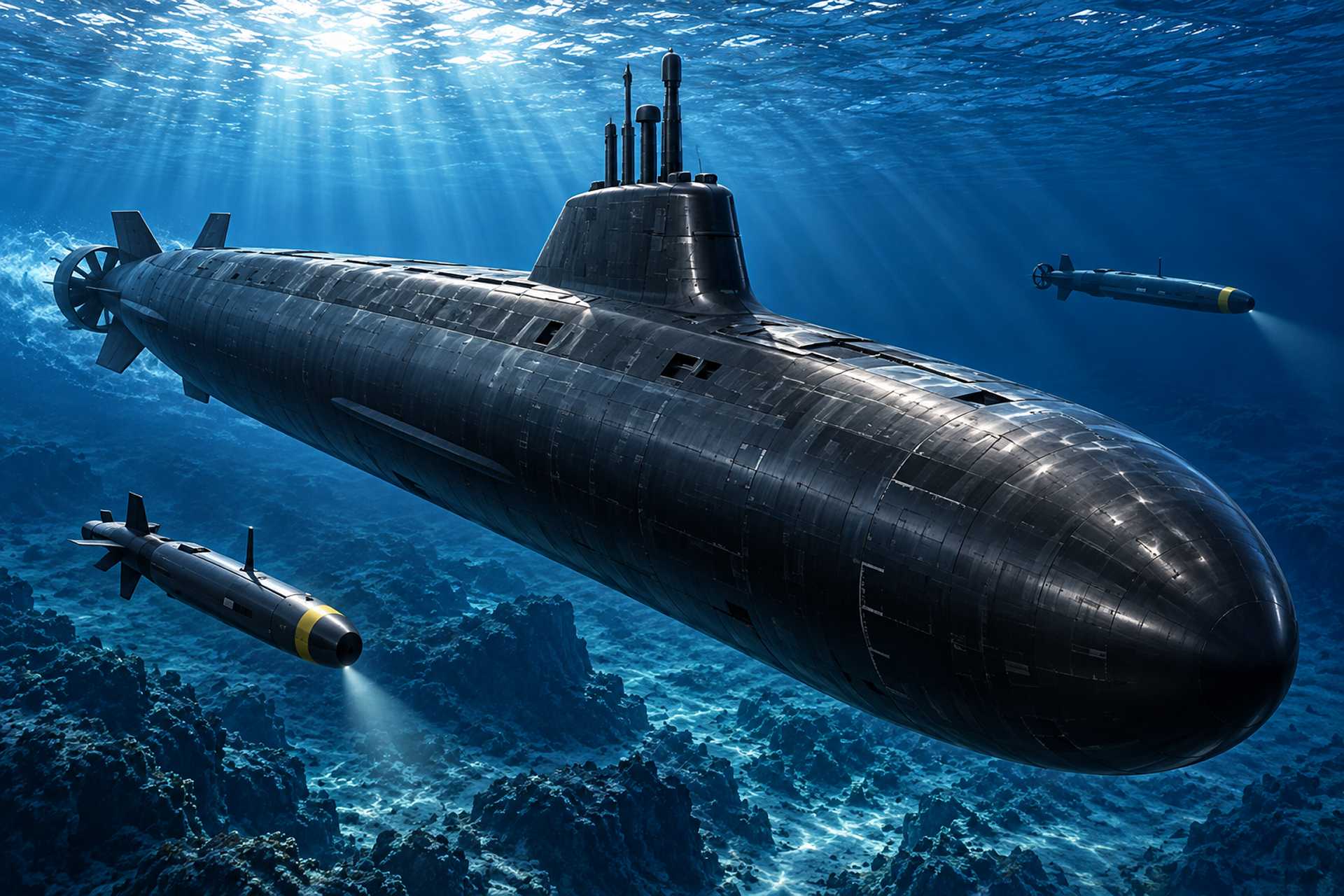 AI-generated artist’s impression of the U.S. Navy’s future SSN(X) next-generation nuclear-powered attack submarine operating alongside unmanned underwater vehicles. The SSN(X) program aims to develop a faster, stealthier and more heavily armed successor to the Virginia class. The illustration is conceptual and does not represent the submarine’s final design. (Picture source: AI-generated image / Army Recognition)