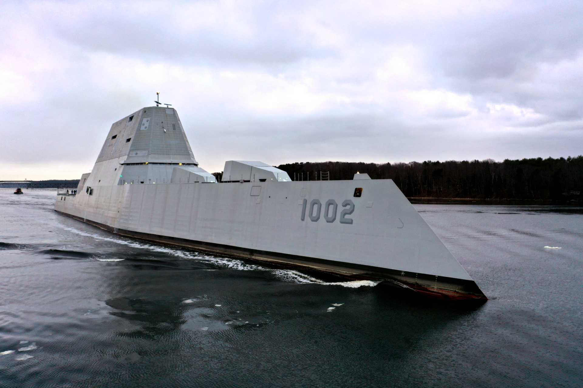 The U.S. Navy has awarded $99 million for sea trials of the USS Lyndon B. Johnson, a Zumwalt-class stealth destroyer being converted to carry 12 hypersonic missiles capable of striking targets more than 2,775 km away. (Picture source: Bath Iron Works)