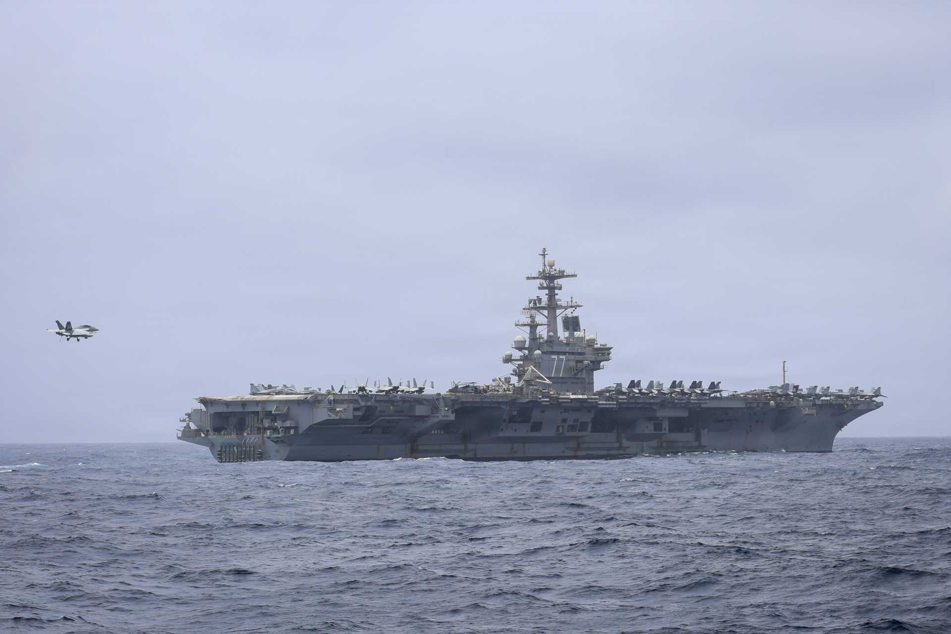 An F/A-18F Super Hornet assigned to Strike Fighter Squadron (VFA) 103 prepares to land aboard the Nimitz-class aircraft carrier USS George H.W. Bush (CVN 77) during operations in the U.S. 5th Fleet area supporting maritime security and stability in the Middle East. (U.S. Navy photo)