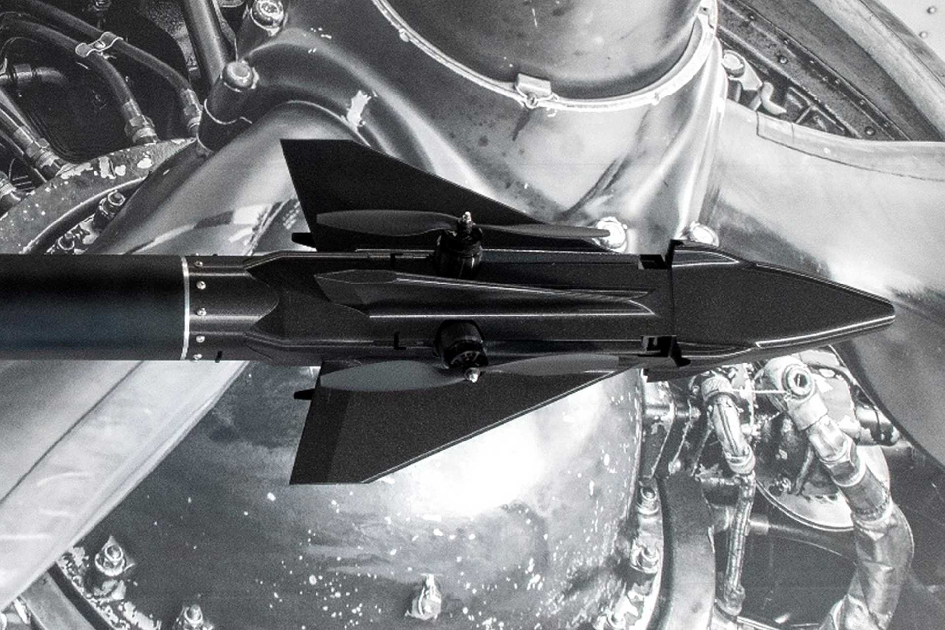 The Dark Aveo Mayhem is a high-speed, rocket-assisted counter-UAS interceptor designed to reach speeds of up to 800 km/h during climb before transitioning to electric propulsion for terminal engagement. (Picture source: Aveo)