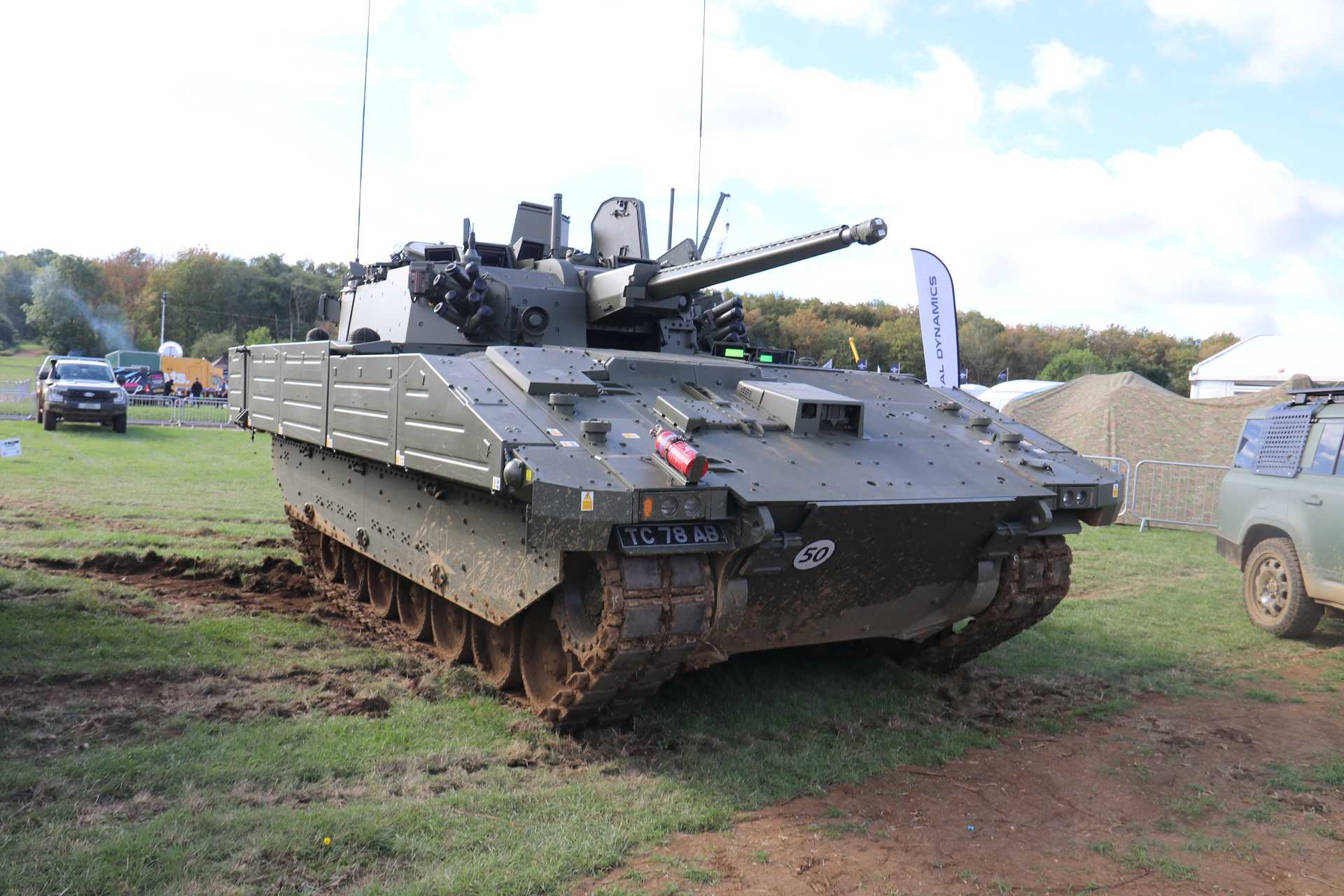 British Army Ajax tracked reconnaissance vehicle displayed at DVD 2026, highlighting its 40 mm CTAS cannon, advanced sensor suite, digital architecture and enhanced protection for future armoured reconnaissance missions.