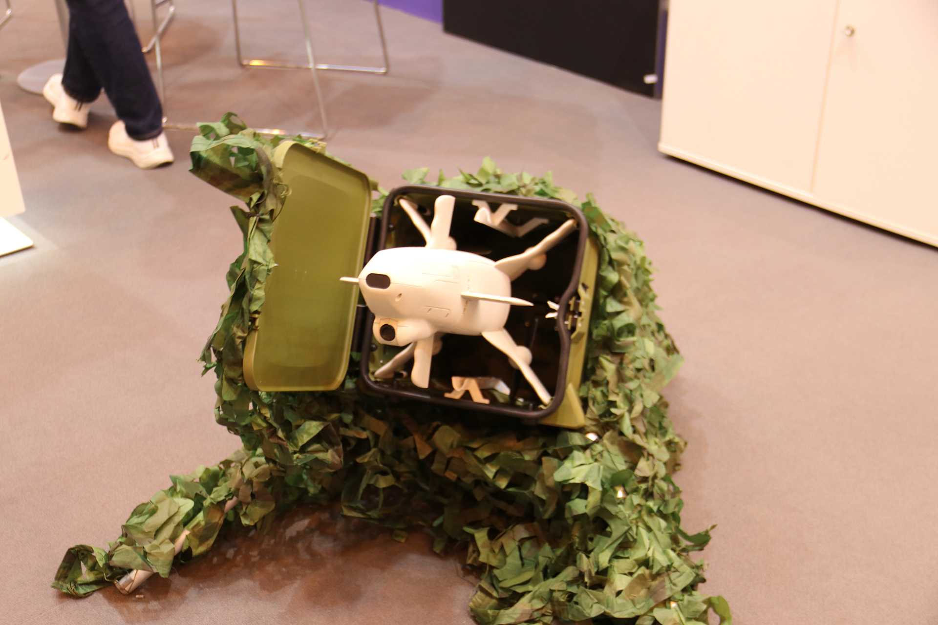 THYRA’s Neptor counter-UAS interceptor displayed at Euro Defence Expo 2026 in Essen, Germany. The German-developed system combines thermal target detection, autonomous interception and mobile or remote launch options to defeat low-cost drones at speeds of up to 350 km/h (217 mph).