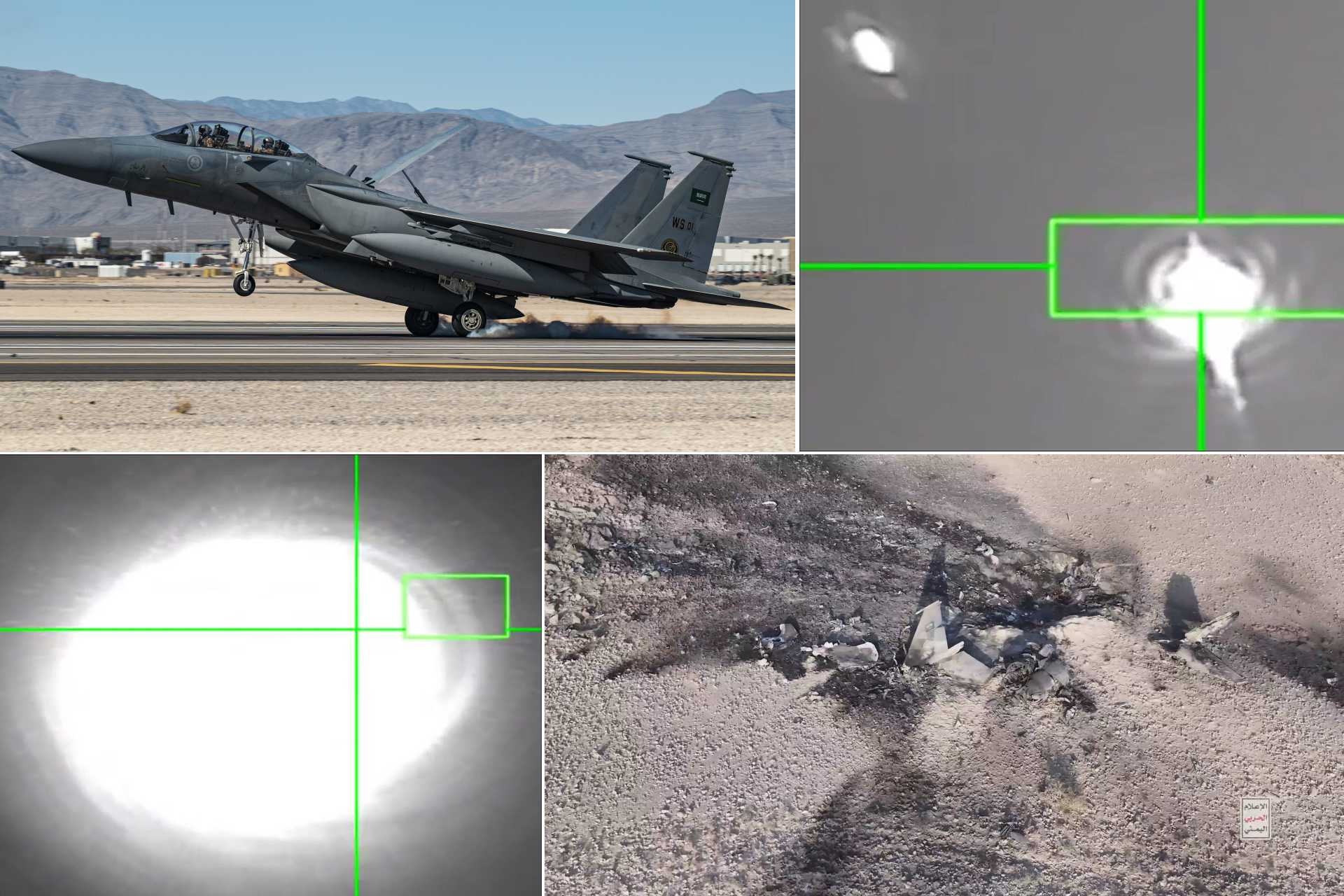The Houthis appear to have shot down a Royal Saudi Air Force F-15SA over Yemen’s Marib Governorate on September 16, 2026, using a surface-to-air missile that struck the fighter despite evasive maneuvers and countermeasures. (Picture source: US DoD, Houthis, X/Yuri Lyamin)