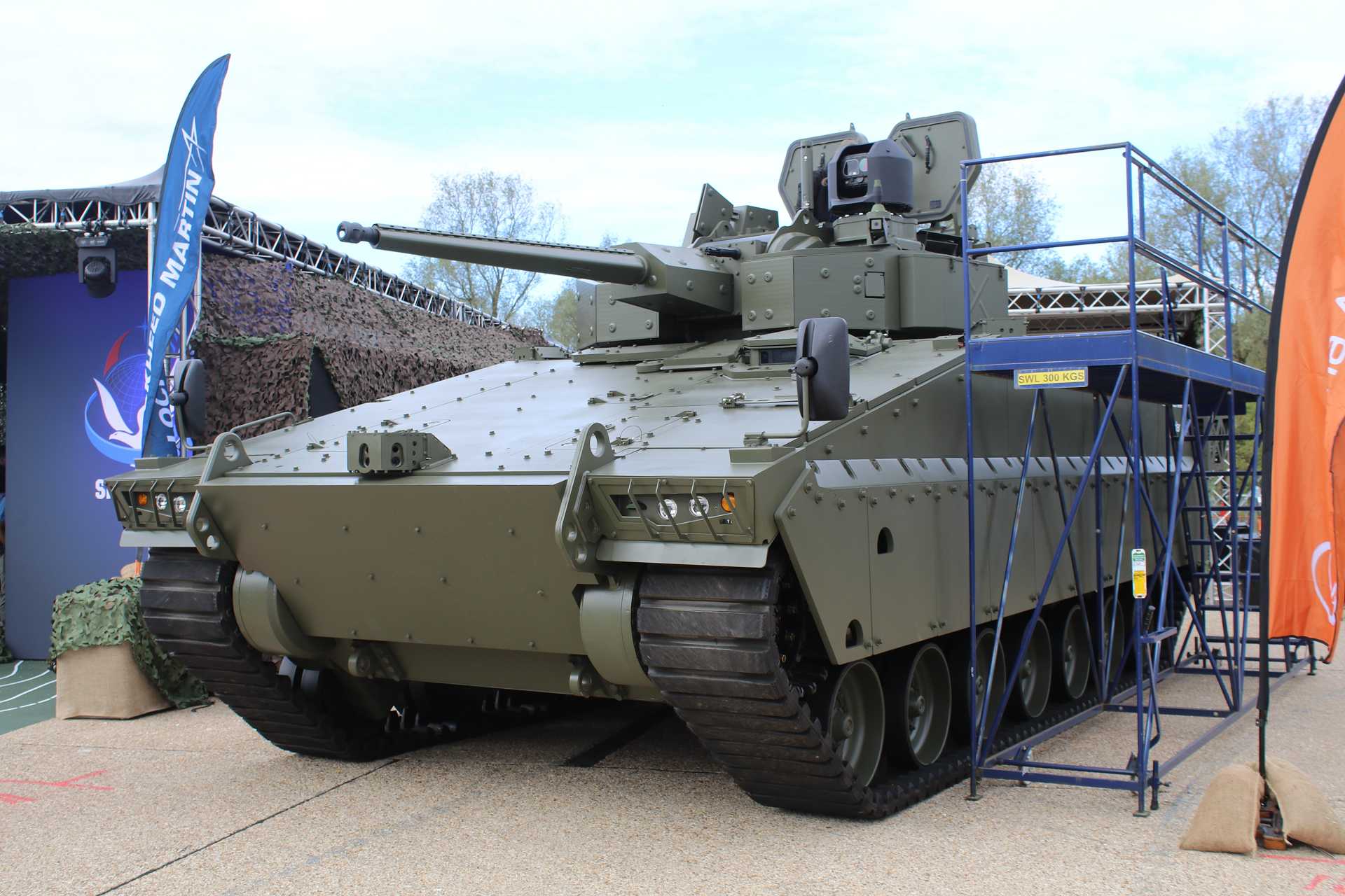 Hanwha Aerospace’s AS21 Redback IFV fitted with Lockheed Martin UK’s new 40 mm CTAS turret and SkyKeeper counter-UAS command-and-control system on display at Defence Vehicle Dynamics 2026 in Millbrook, Bedfordshire.