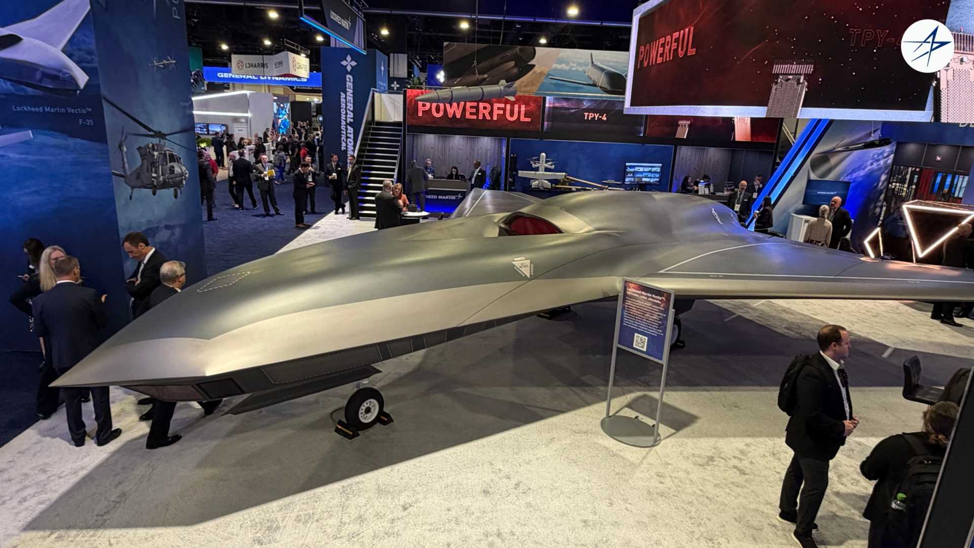 Lockheed Martin unveils a full-scale model of its Vectis stealth combat drone at the 2026 Air, Space & Cyber Conference in National Harbor, Maryland. The Skunk Works design is intended to operate alongside F-35 fighters and other advanced combat aircraft in contested airspace.