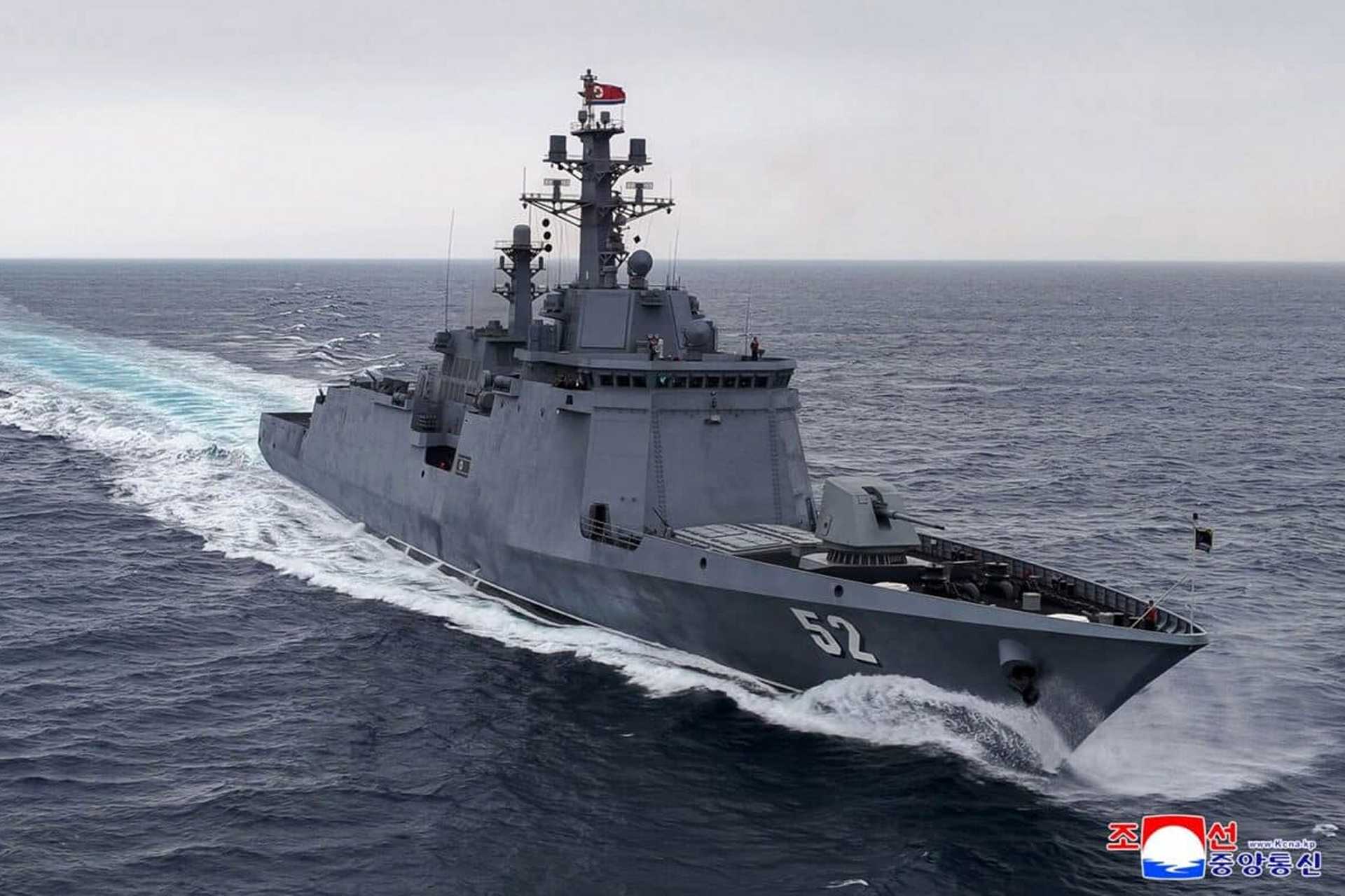 Visually, the Kang Kon seems to combine the four-face phased-array superstructure and large fore-and-aft VLS arrangement of China’s Type 052D with the compact, heavily armed hull and dense concentration of missiles and close-in weapons characteristic of Russia’s Admiral Gorshkov-class. (Picture source: North Korea MoD)