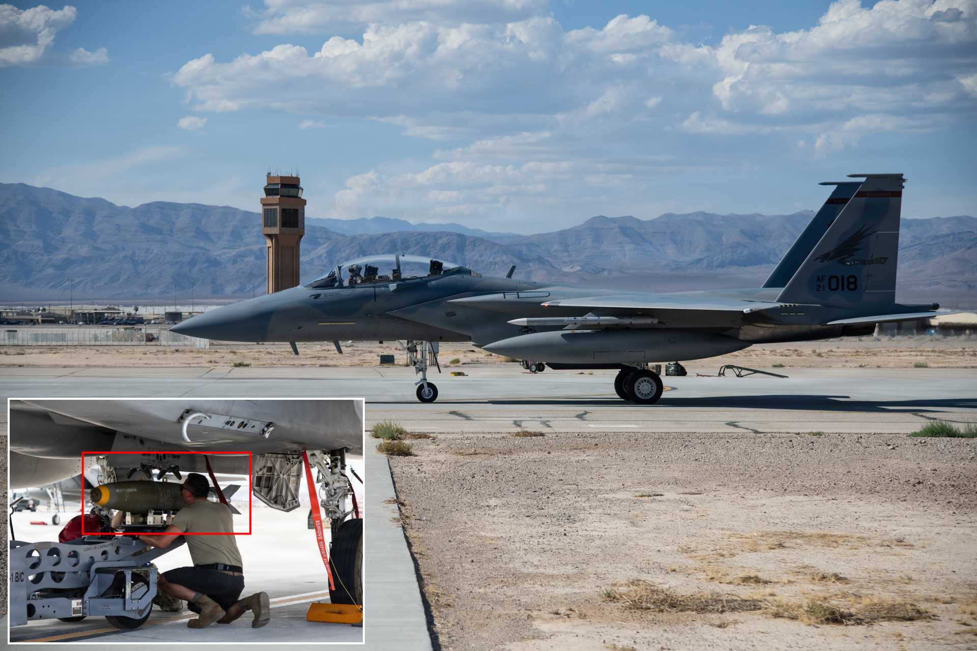 F-15EX Eagle II of the Oregon Air National Guard’s 142nd Wing during operations from Nellis Air Force Base, Nevada. Inset: U.S. Air Force personnel load a 227 kg-class (500 lb-class) live bomb onto the fighter ahead of the unit’s first operational live-bomb release with the F-15EX.