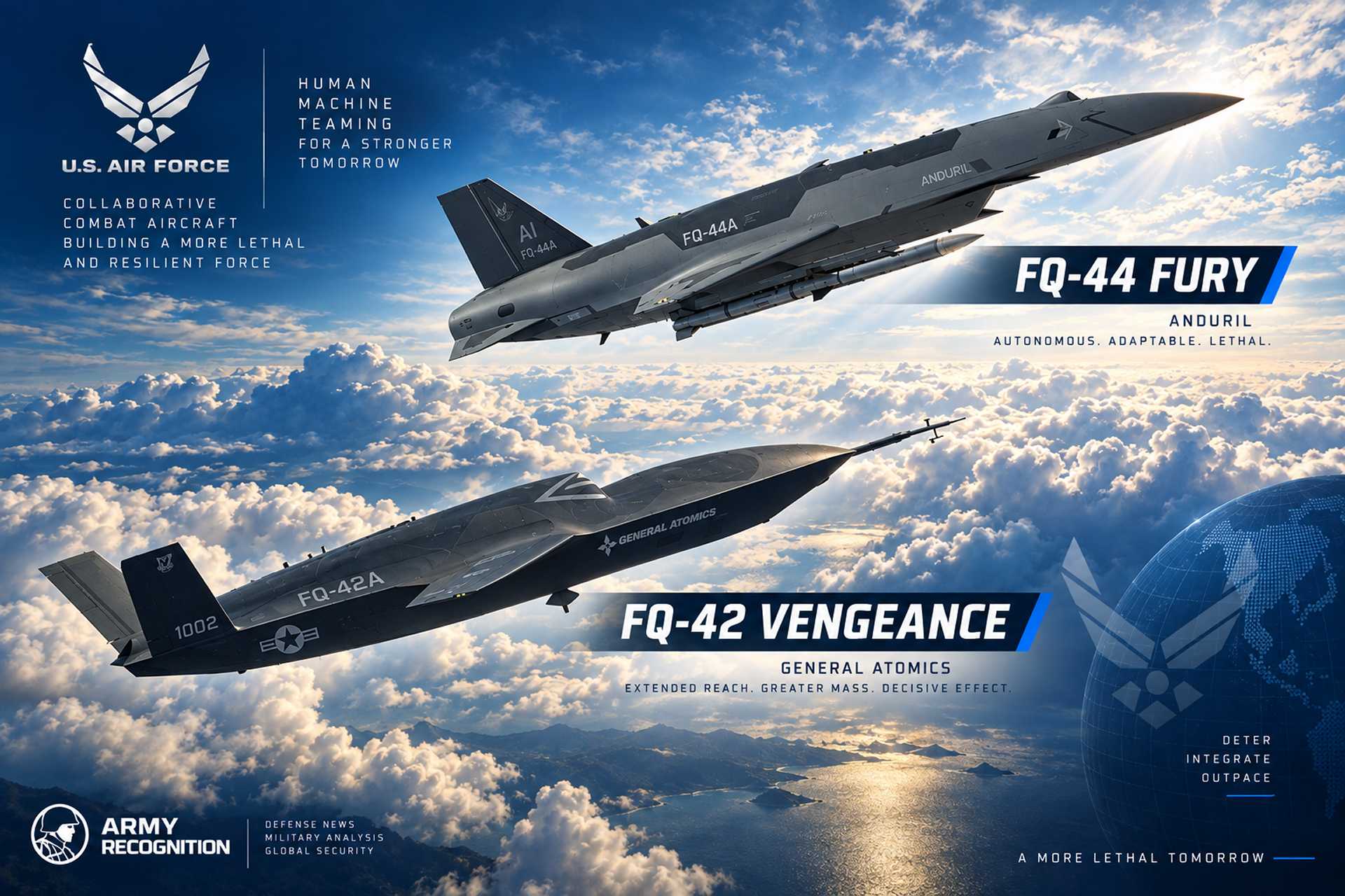 U.S. Air Force FQ-44 Fury and FQ-42 Vengeance Collaborative Combat Aircraft illustrate the service’s push toward semi-autonomous unmanned combat aviation designed to operate alongside F-35 and future F-47 fighters, extending sensor reach, weapons capacity and survivability in contested airspace.