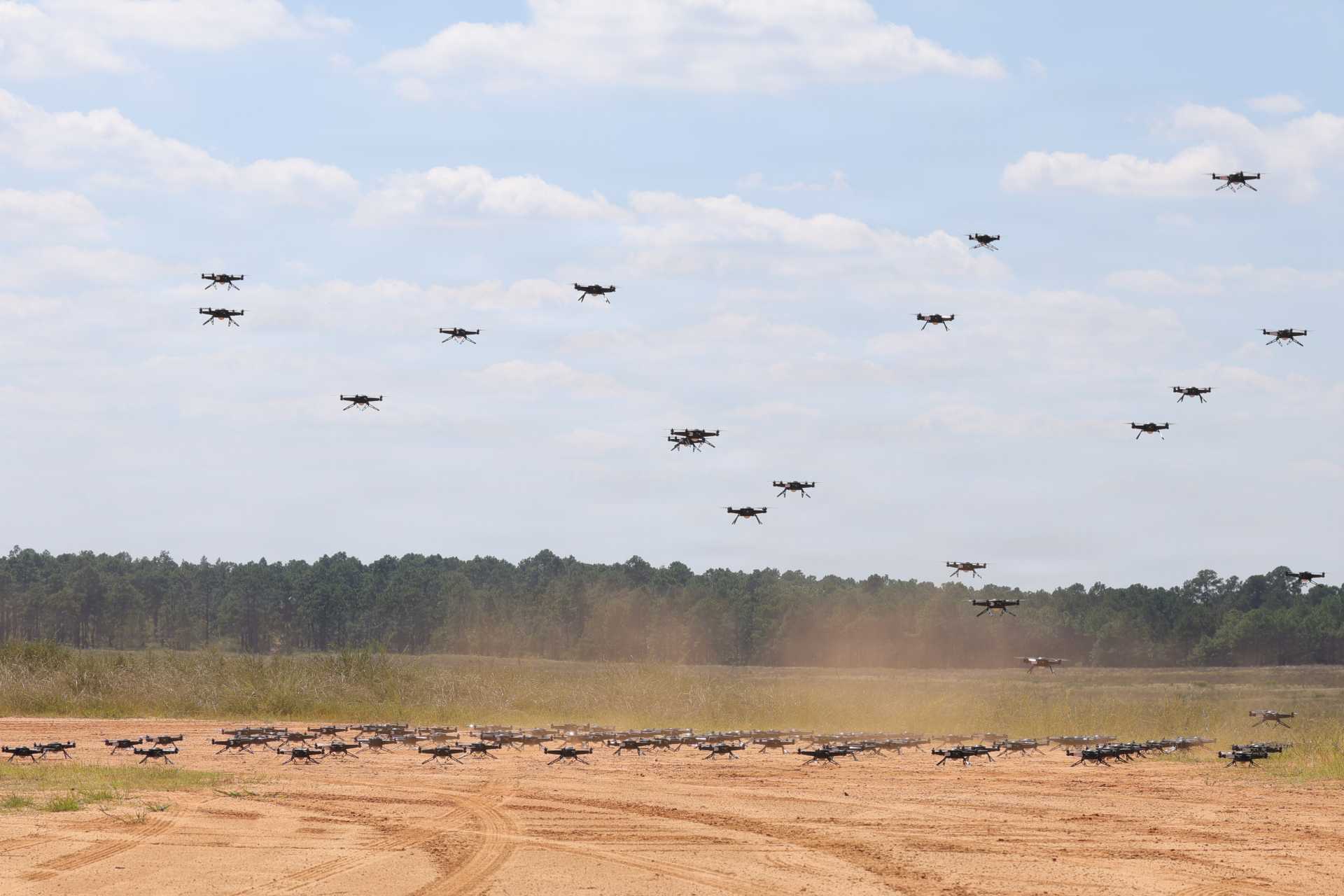 Small unmanned aircraft systems launch from Holland Drop Zone at Fort Bragg during Scarlet Dragon 26-3 on Sept. 16, 2026, as XVIII Airborne Corps tested coordinated drone swarms and layered counter-UAS defenses.