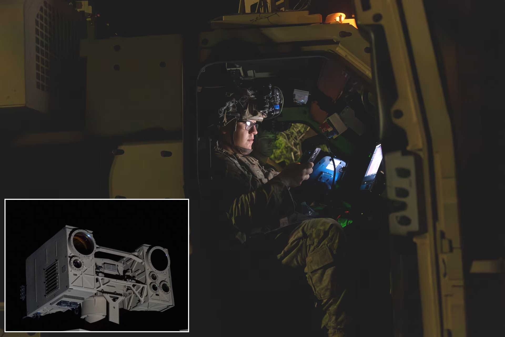 U.S. Army soldier operates the AMP-HEL high-energy laser weapon during counter-UAS operations, using directed energy to detect, track and defeat hostile drones while reducing reliance on conventional kinetic interceptors.