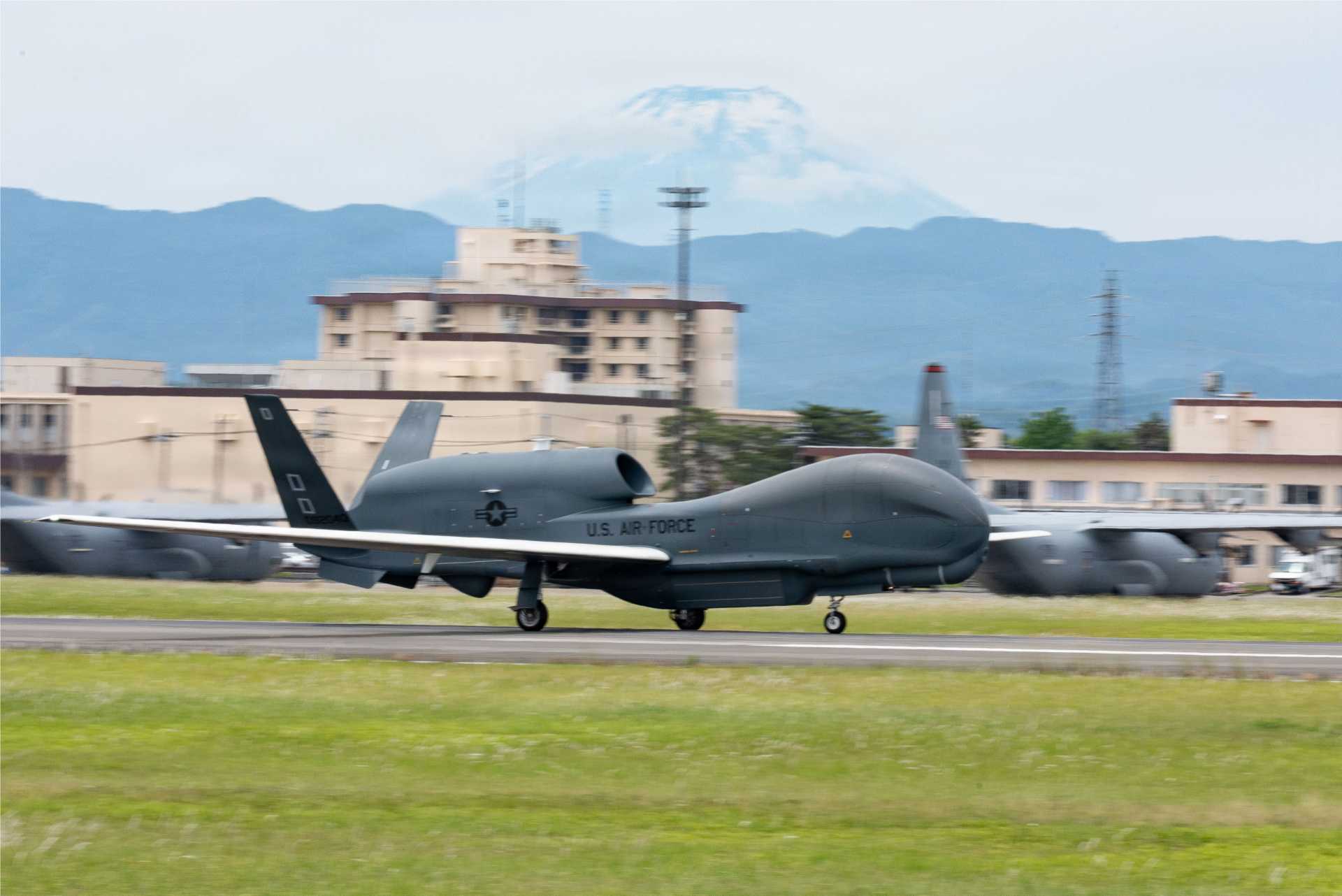 A U.S. Air Force RQ-4B Global Hawk Block 40 takes off in Japan on May 27, 2026. The SkyRange program uses modified RQ-4 Global Hawk unmanned aircraft, known as Range Hawks, to carry airborne sensors and telemetry equipment for U.S. hypersonic weapons testing across extended flight corridors. (Picture source: U.S. Department of War/Defense)