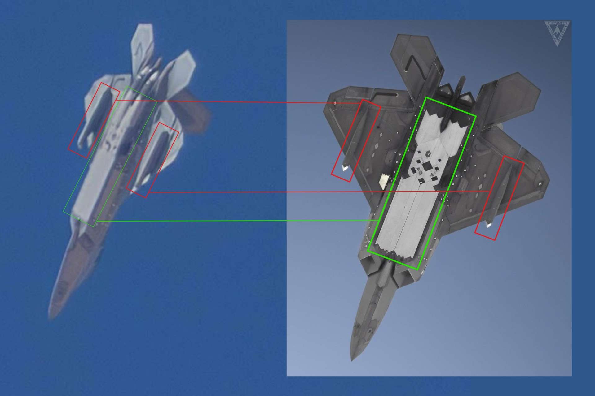 A U.S. Air Force F-22A Raptor maneuvers aggressively near Edwards Air Force Base while carrying distinctive low-observable-shaped underwing sensor pods, highlighting ongoing flight testing associated with efforts to expand the stealth fighter’s passive sensing capabilities. (Pictures sources: Mojave Planespotting and @stinkjet)
