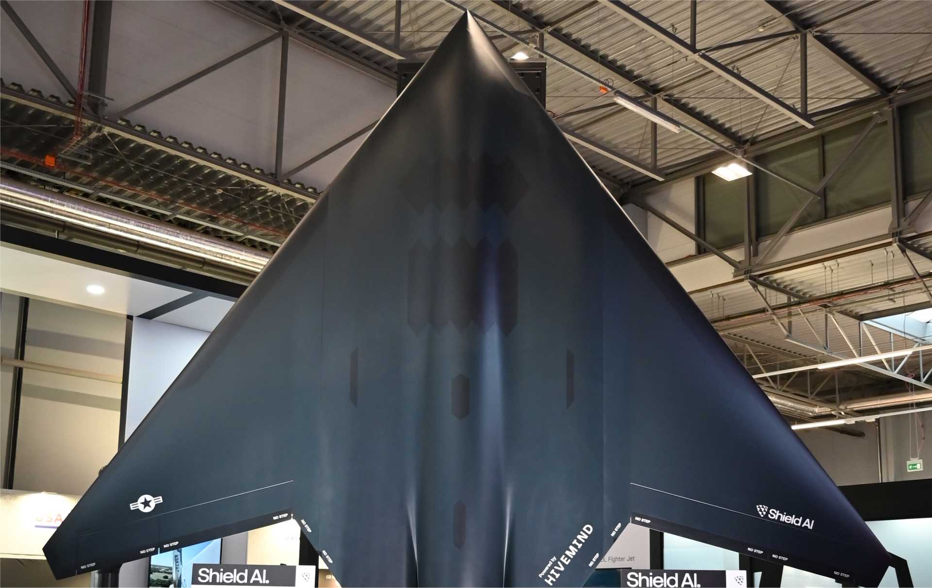 Shield AI’s X-BAT autonomous combat drone scale model displayed at MSPO 2026 in Kielce, Poland, highlighting a runway-independent design intended for dispersed operations from austere sites, roads and ships.