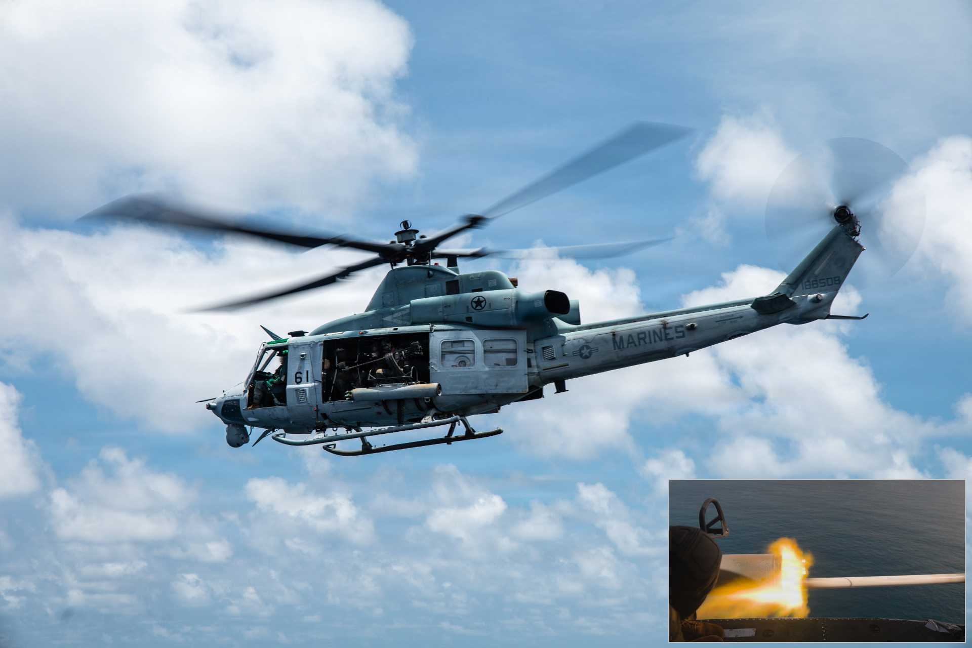 During a maritime interdiction operation in the Pacific Ocean, U.S. Marines fired a rocket from a UH-1Y Venom to neutralise a target vessel in support of counter-drug operations. (Picture source: USMC)
