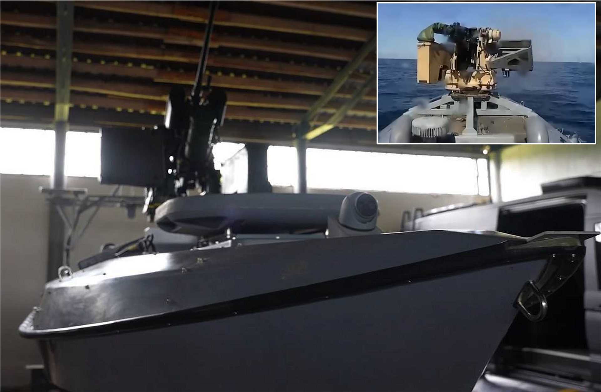 Ukraine’s Sargan 3000 armed unmanned surface vessel, fitted with a 12.7 mm Protector remote weapon station, with inset footage showing the reported September 12, 2026 attack on a Russian unmanned boat in the Black Sea. (Picture source: Ukrainian Navy)