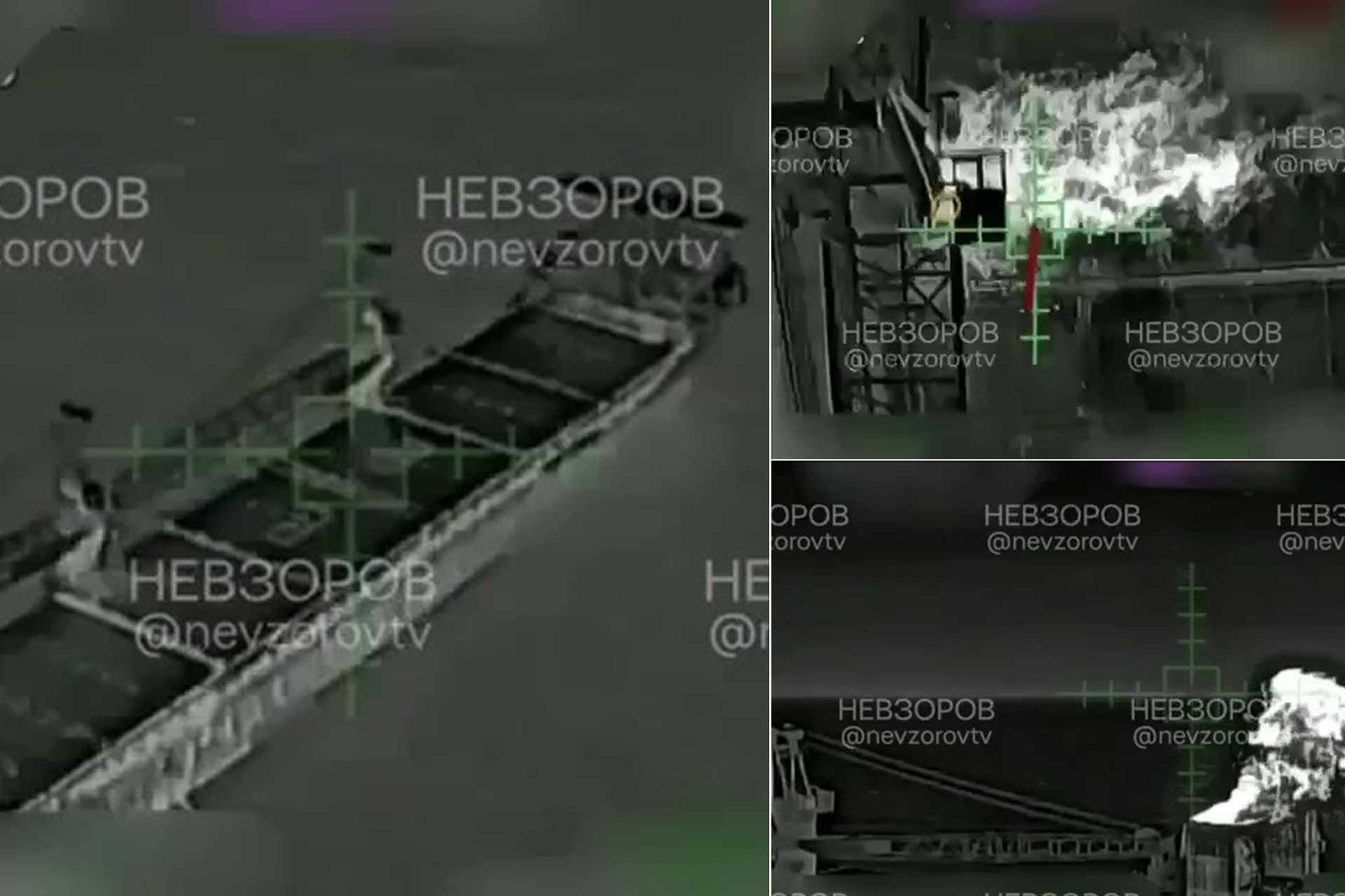The sanctioned Russian-flagged cargo vessel, Lady Mariia, was severely damaged off Crete by repeated Ukrainian drone strikes targeting its deck equipment and logistics systems. (Picture source: Telegram/Nezvorov)