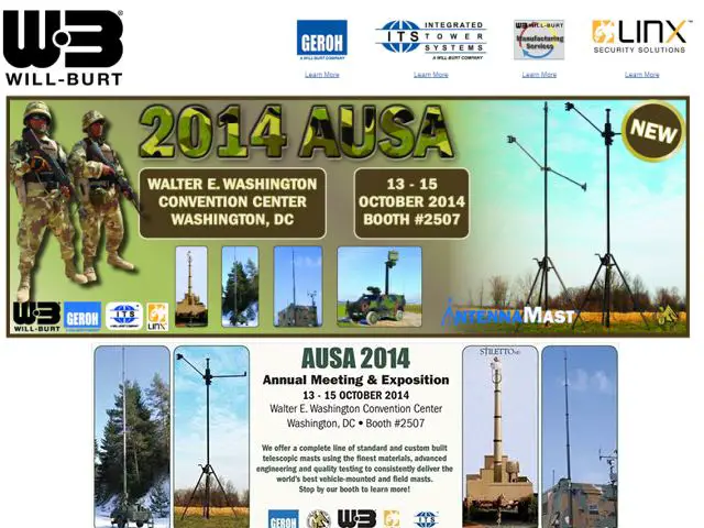 GEROH as well as the whole WILL-BURT Group will be attending the 2014 AUSA exhibition from 13 - 15 Oct 2014 at the Walter E. Washington Convention Center, Washington D.C. The Will-Burt Group will display the complete product range - from man-portable RANGER or AM2 Solutions, lightweight KVL, KVR, QEAM, different Pneumatic Masts (locking & non-locking) up to heavy duty STILETTO HD, Spindle Mast Solutions and Lattice Towers. 
