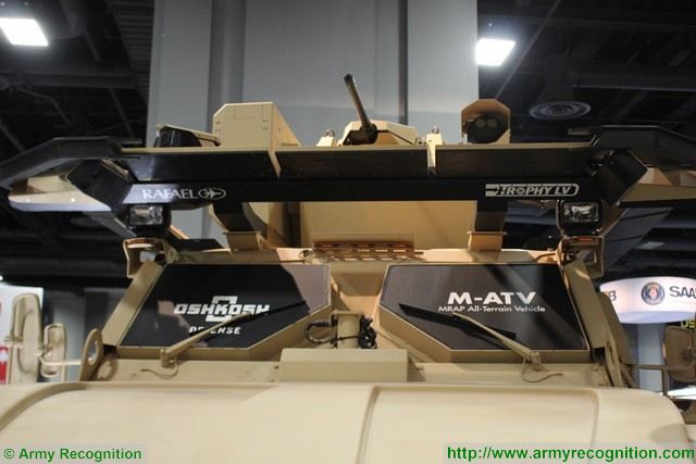 At AUSA 2015, Rafael Advanced Defense Systems Ltd., developer and manufacturer of TROPHY APS, the world's only operational and combat-proven active protection system for armored vehicles, displays its lighter, TROPHY LV (light vehicle) on an Oshkosh Defense M-ATV Base (SXB) 4X4 Mine-Resistant Ambush Protected (MRAP) vehicle at AUSA, Washington DC. 