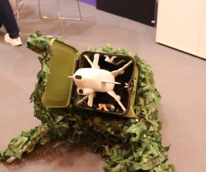 THYRA’s Neptor counter-UAS interceptor displayed at Euro Defence Expo 2026 in Essen, Germany. The German-developed system combines thermal target detection, autonomous interception and mobile or remote launch options to defeat low-cost drones at speeds of up to 350 km/h (217 mph).