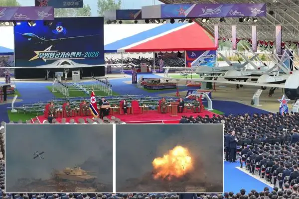 North Korea displayed more than 30 types of unmanned aerial vehicles during the Unmanned Aeronautical Technology Development-2026 exhibition attended by Kim Jong-un on October 29, 2026. (Picture source: KCNA)