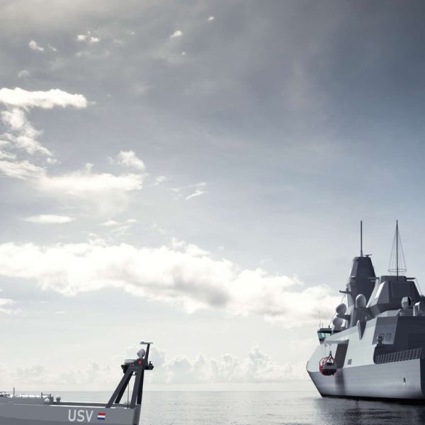 The Royal Netherlands Navy’s future anti-submarine warfare frigates will deploy a 12-metre uncrewed surface vessel equipped with active sonar, extending submarine detection beyond the ship and its NH90 helicopter (Picture source: Dutch MoD).