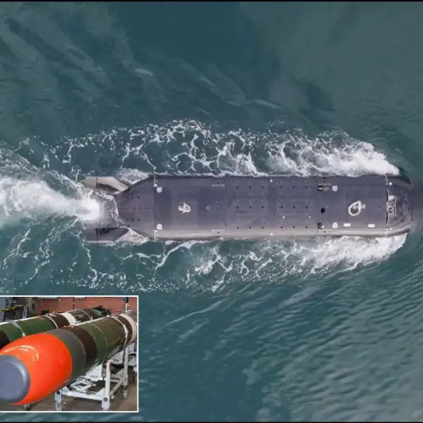 British XV Excalibur XLUUV with Mk 48 heavyweight torpedoes shown in the inset. The weapon fired during the AUKUS trial has not been officially identified, but available information points to the Mk 48 Mod 7 CBASS. (Picture source: Msubs Ltd/ Us DoD)