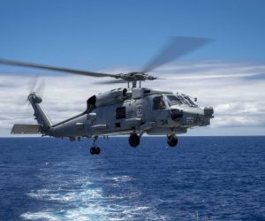 A U.S. Navy MH-60R Seahawk conducts antisubmarine warfare operations during RIMPAC 2026 off Hawaii.